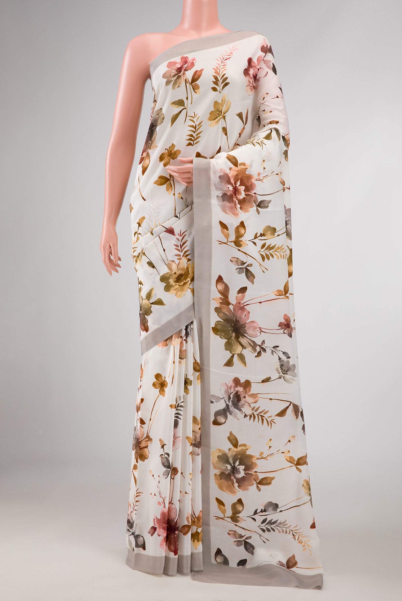 Off White Dual Tone Mysore Crepe Saree with Printed design on the body and Plain Border displayed on a mannequin
