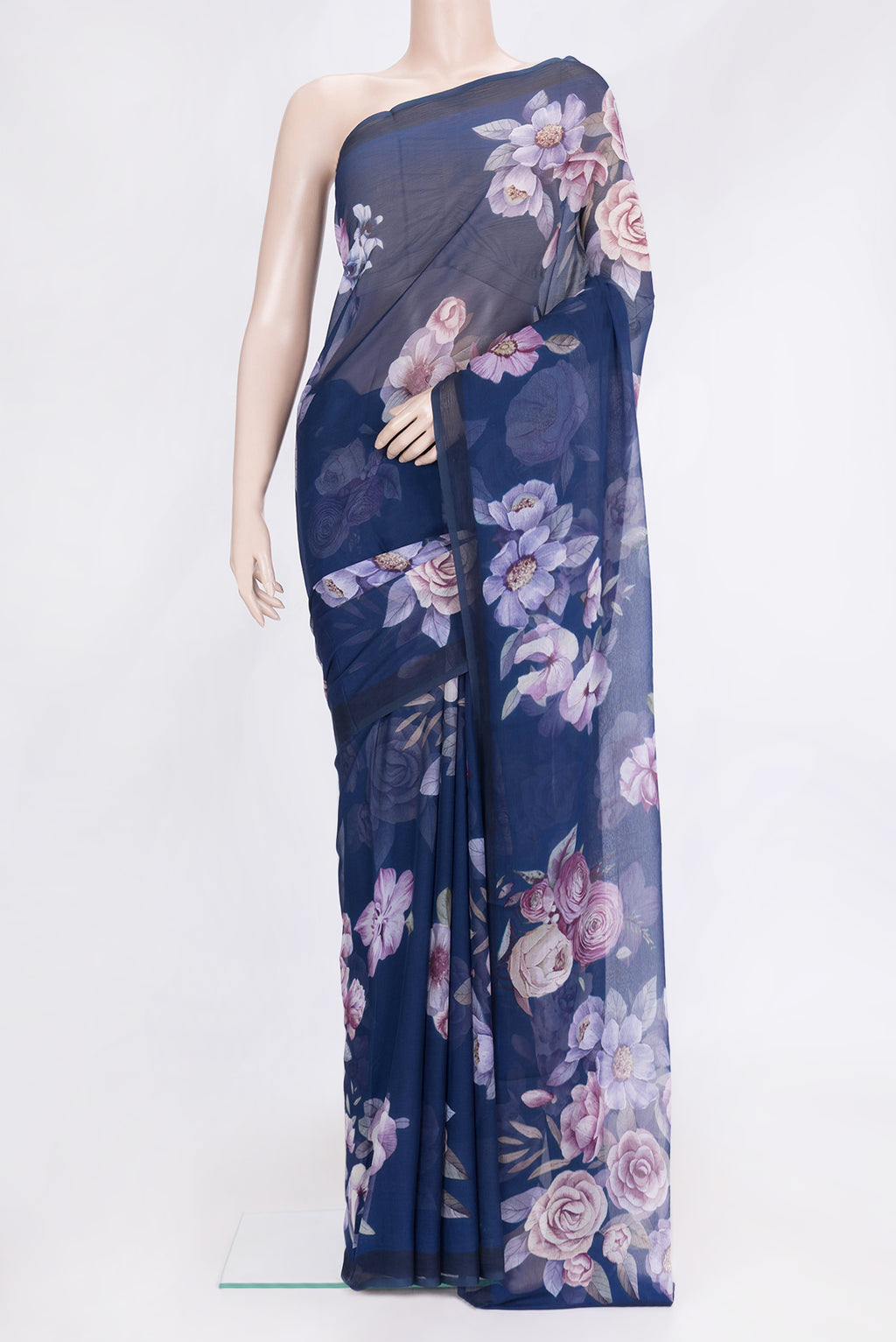 Navy Blue Dual Tone Chiffon Saree with Printed design on the body and Without Border.  displayed on a mannequin