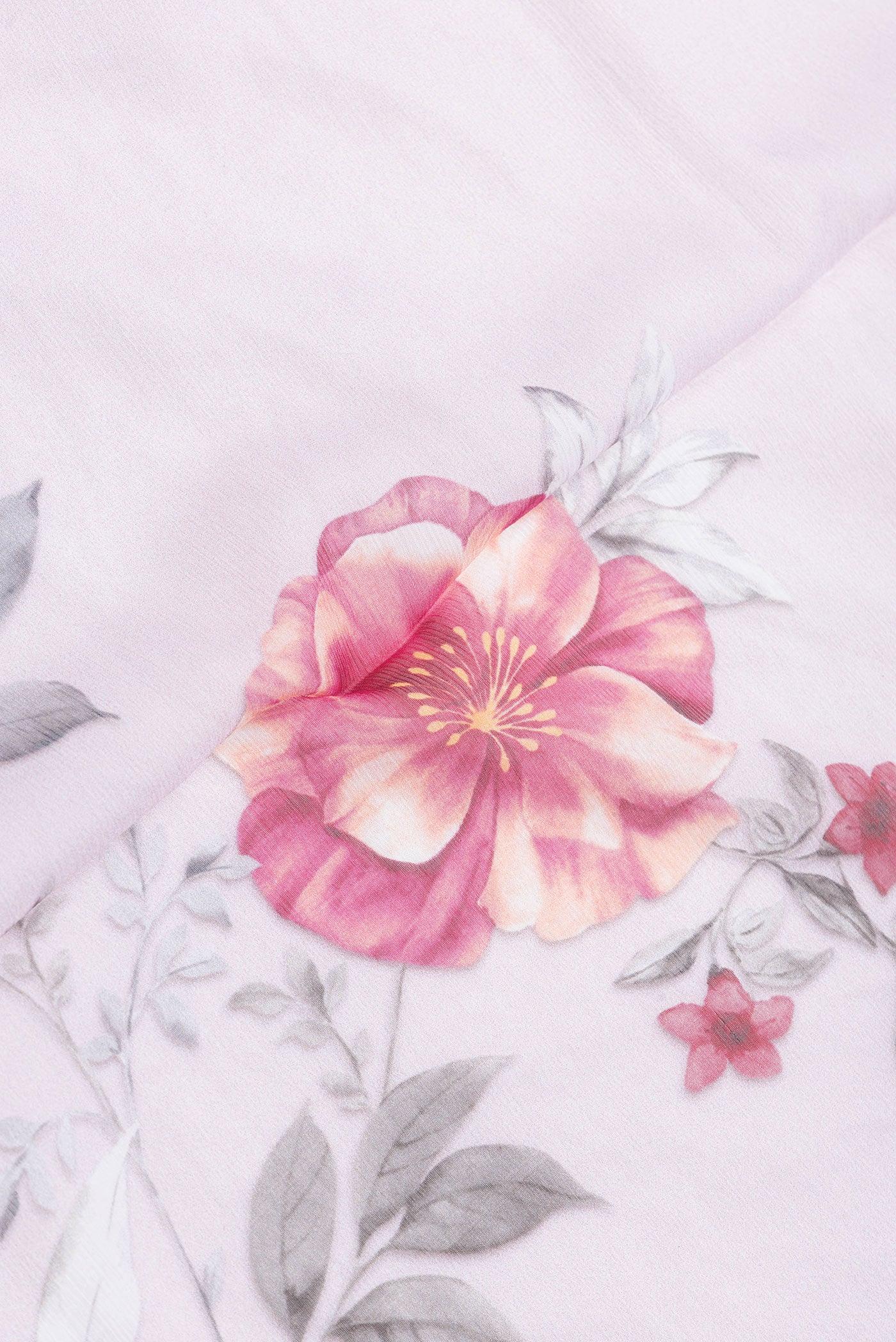 Close up of Rose pink Dual Tone Chiffon Saree with Printed design on the body and Plain Border.  displaying folds