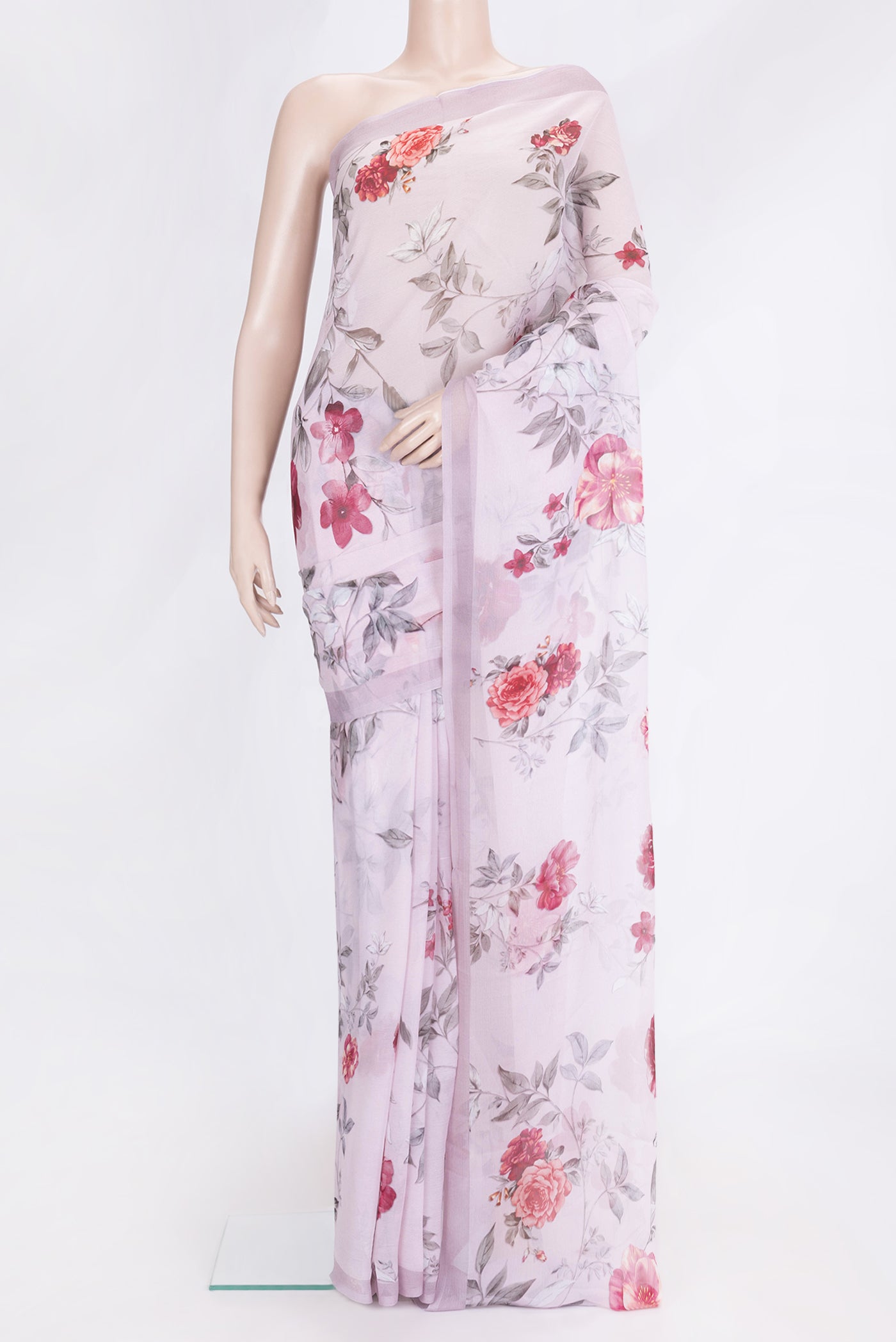 Rose pink Dual Tone Chiffon Saree with Printed design on the body and Plain Border.  displayed on a mannequin