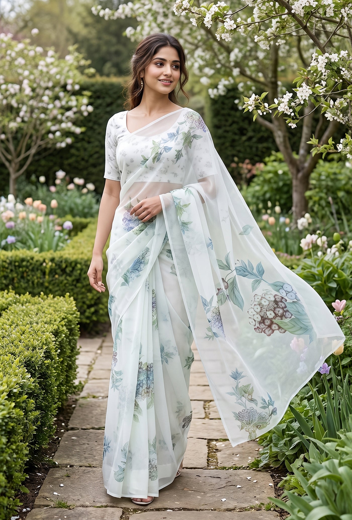 Model wearing a Mint Green Mysore Chiffon Saree with Floral Print on the body and Without Border.