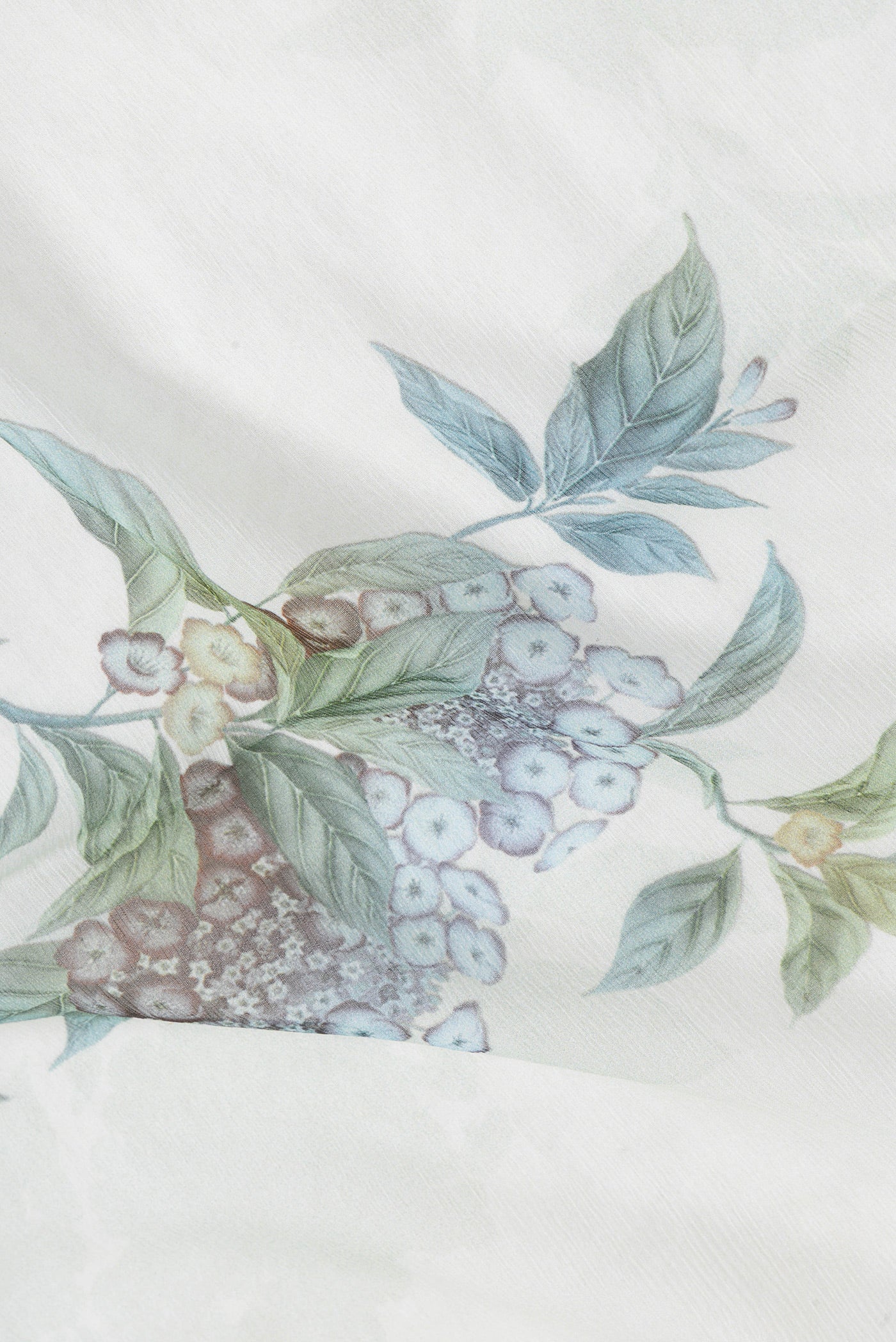 Close up of Pista Green Dual Tone Mysore Chiffon Saree with Printed design on the body and Without Border.  displaying folds