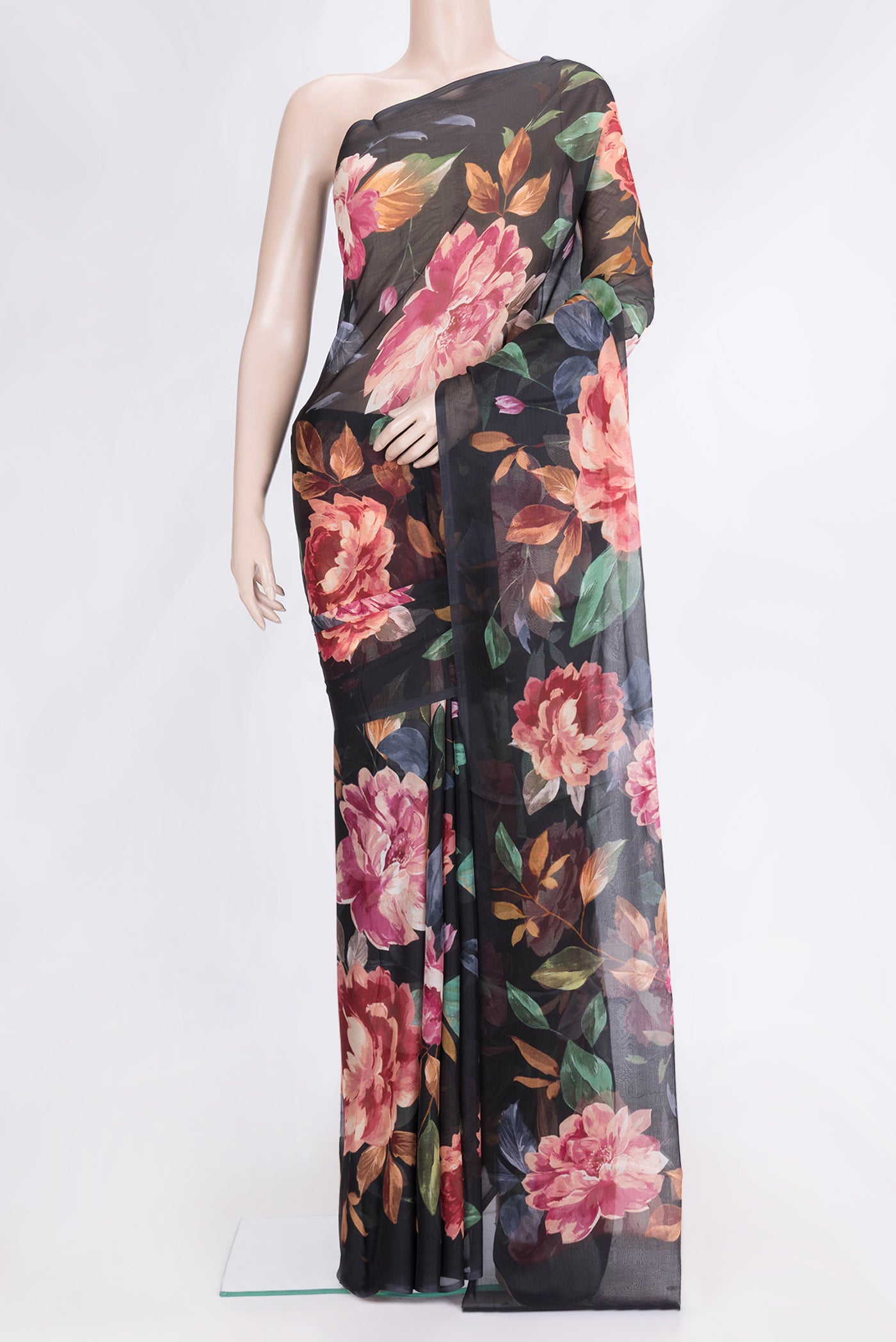 Black Dual Tone Chiffon Saree with Printed design on the body and Without Border.  displayed on a mannequin