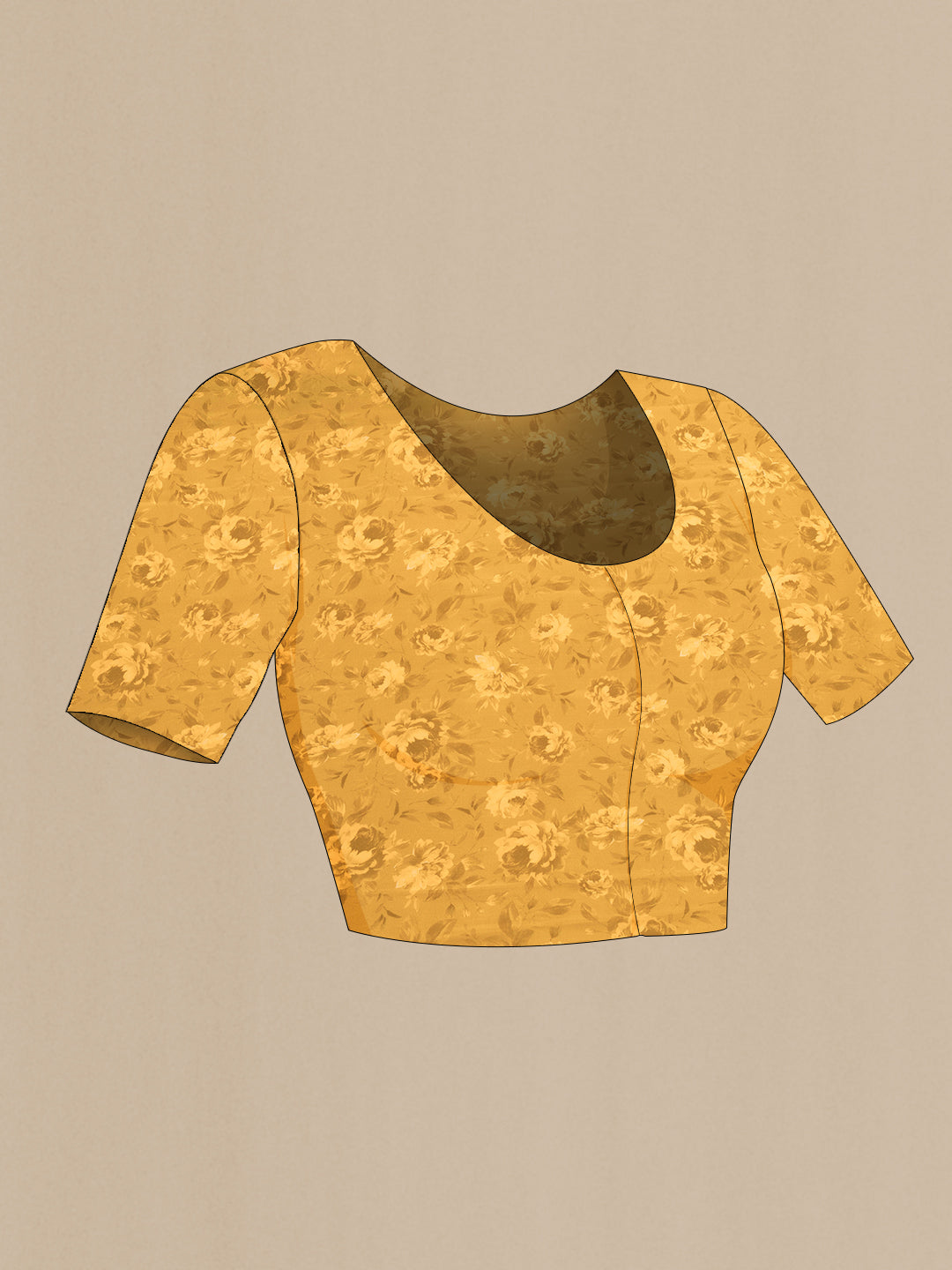 Close up image of the blouse of Mustard Dual Tone Chiffon Saree with Printed design on the body and Without Border. 