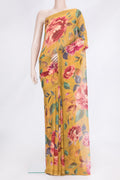 Mustard Dual Tone Chiffon Saree with Printed design on the body and Without Border.  displayed on a mannequin