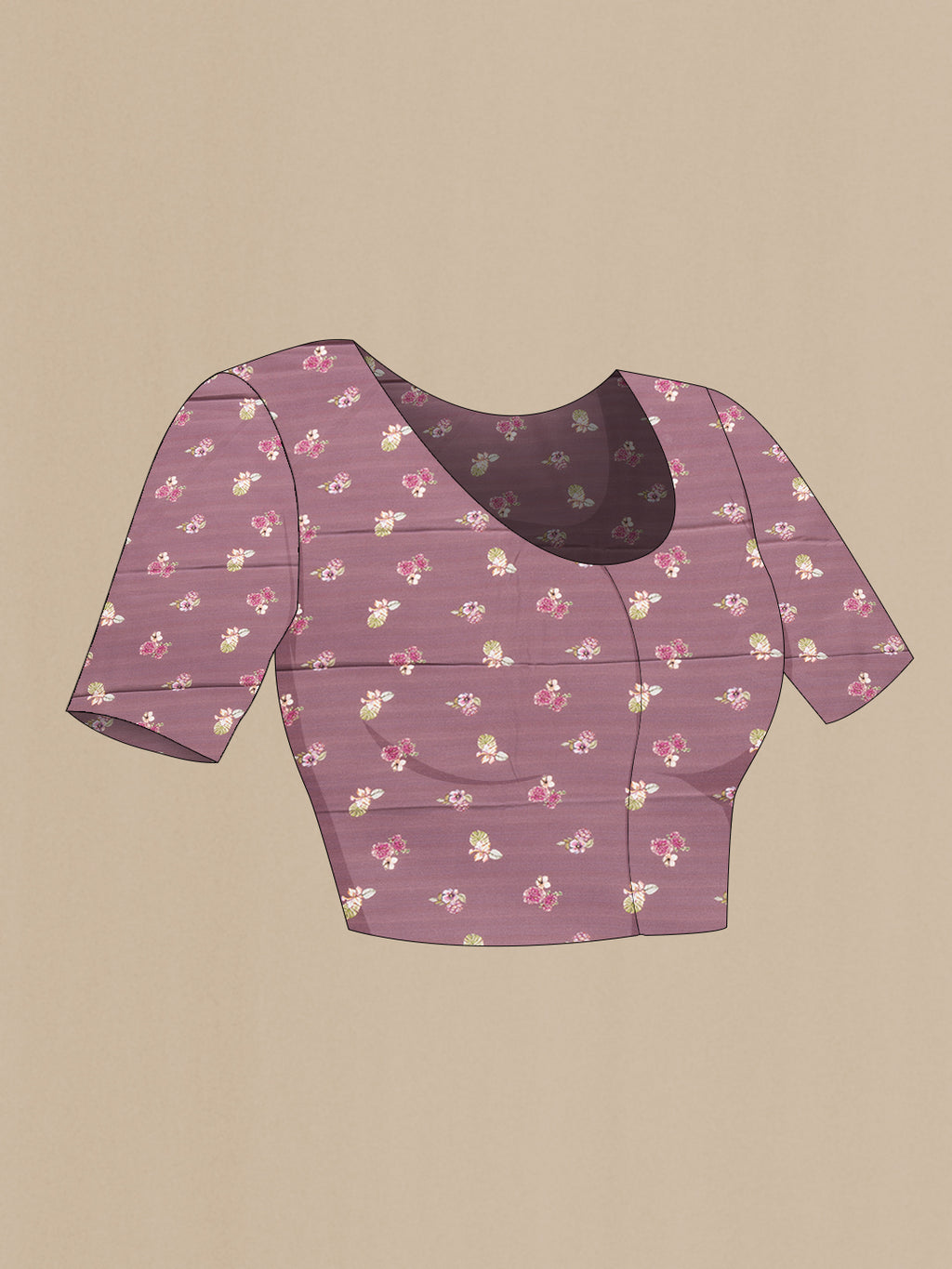 Close up image of the blouse of Purple Dual Tone Chiffon Saree with Printed design on the body and Without Border. 