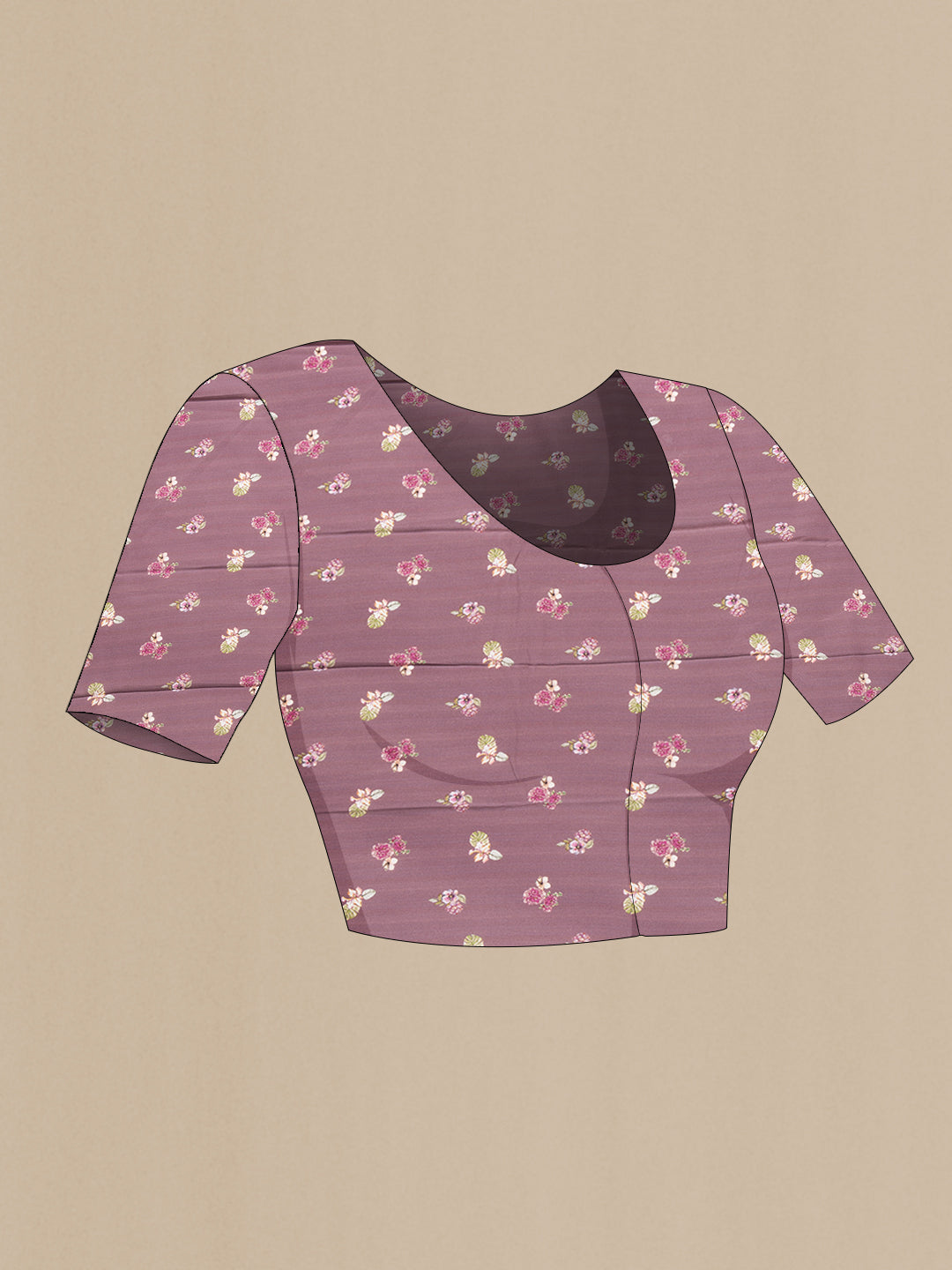 Close up image of the blouse of Purple Dual Tone Chiffon Saree with Printed design on the body and Without Border. 