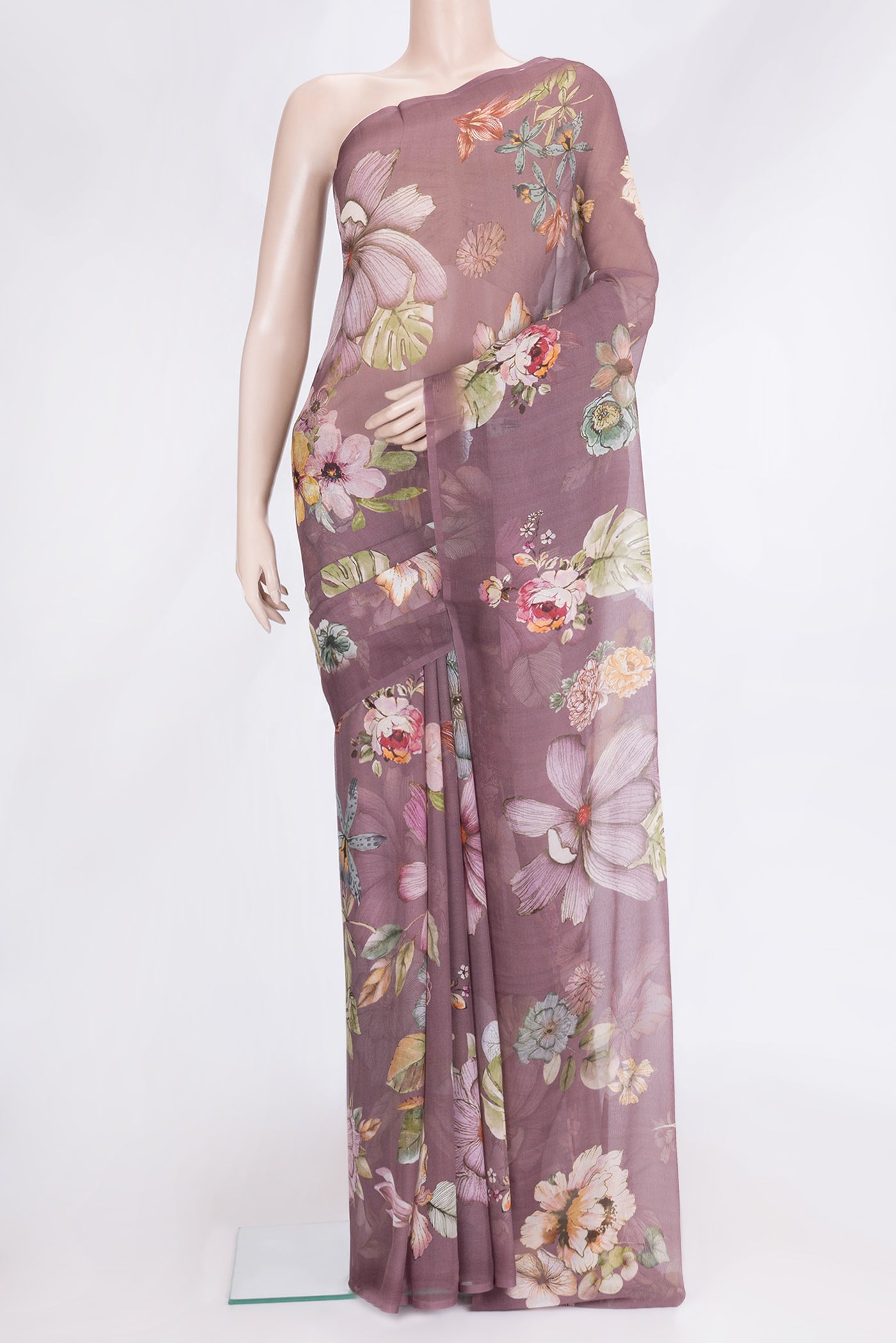 Purple Dual Tone Chiffon Saree with Printed design on the body and Without Border.  displayed on a mannequin