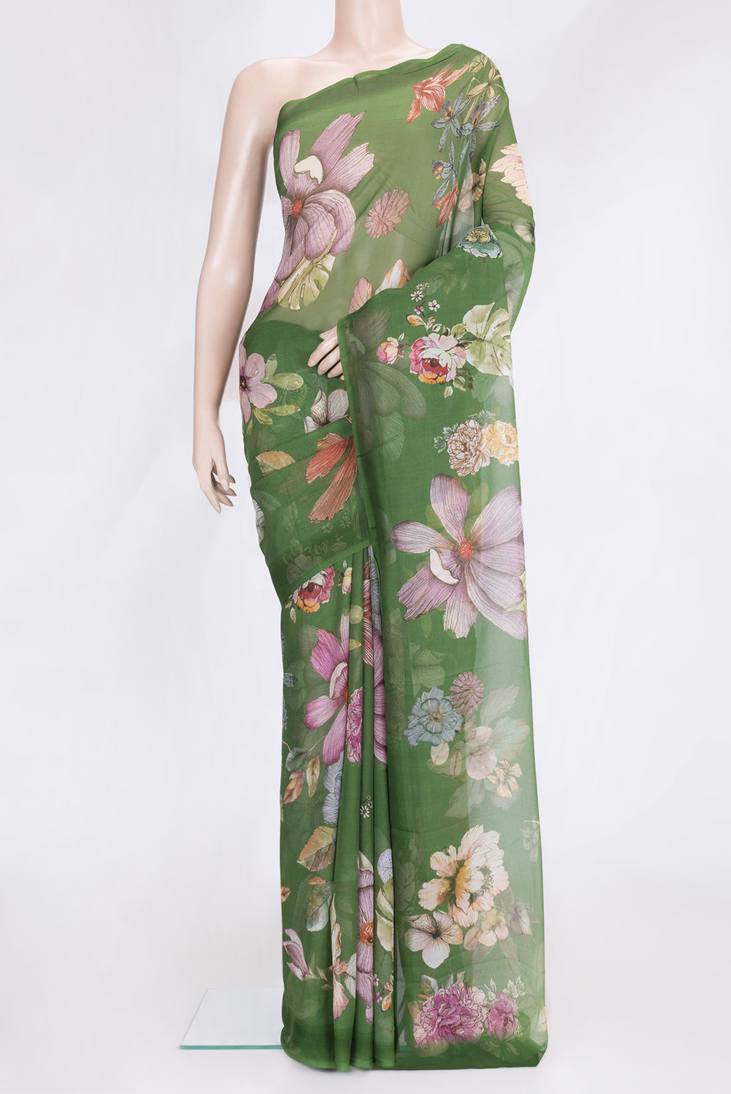 Green Dual Tone Chiffon Saree with Printed design on the body and Without Border.  displayed on a mannequin