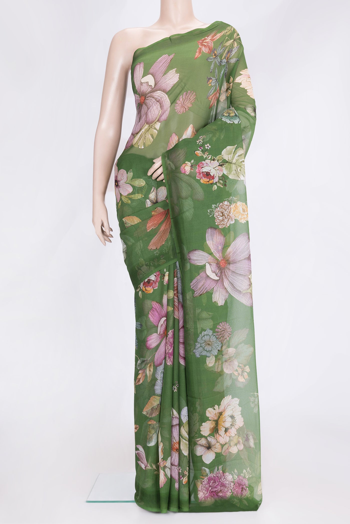 Green Dual Tone Chiffon Saree with Printed design on the body and Without Border.  displayed on a mannequin