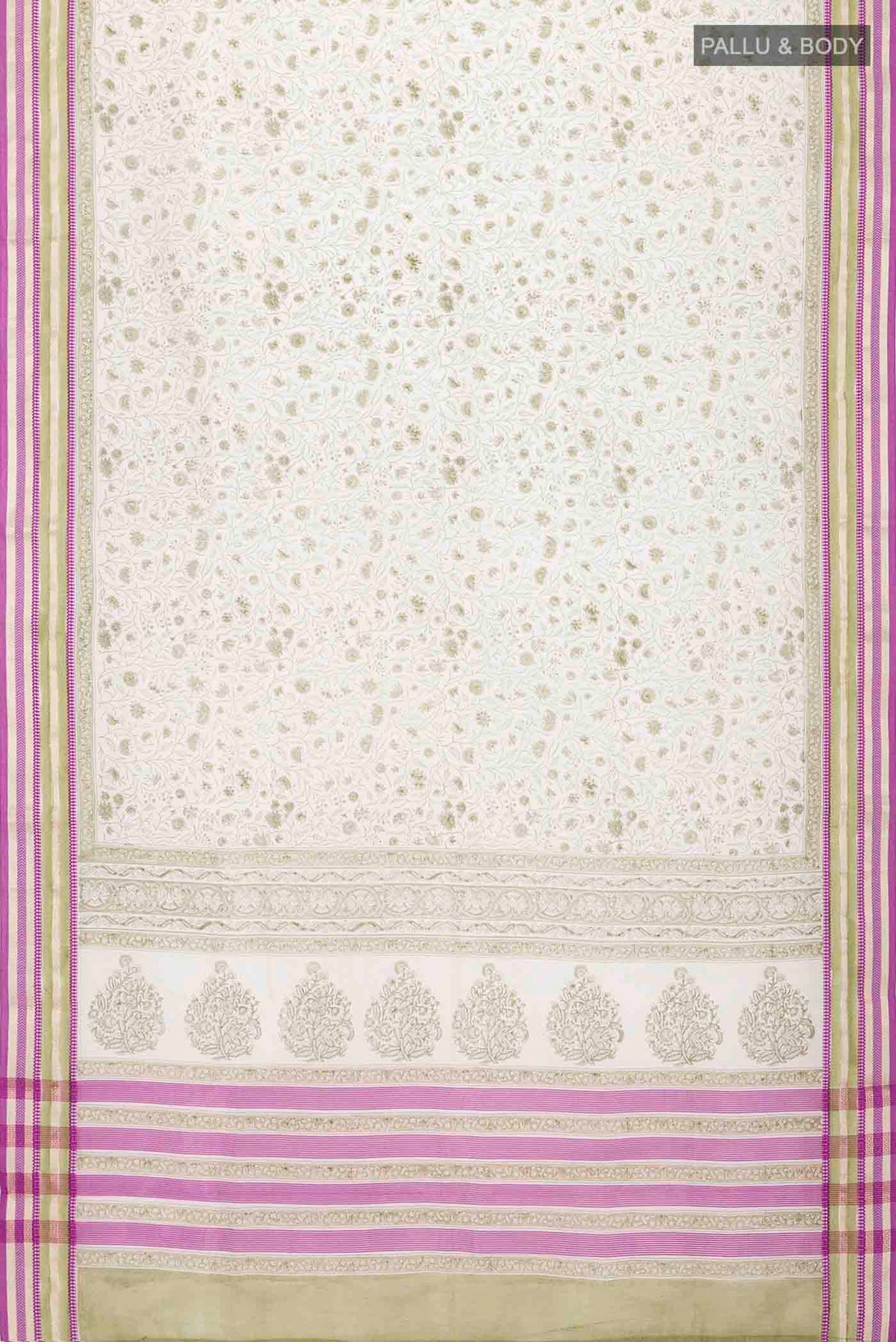 Flat view of White Silk Cotton Saree with Printed design on the body and Zari Border