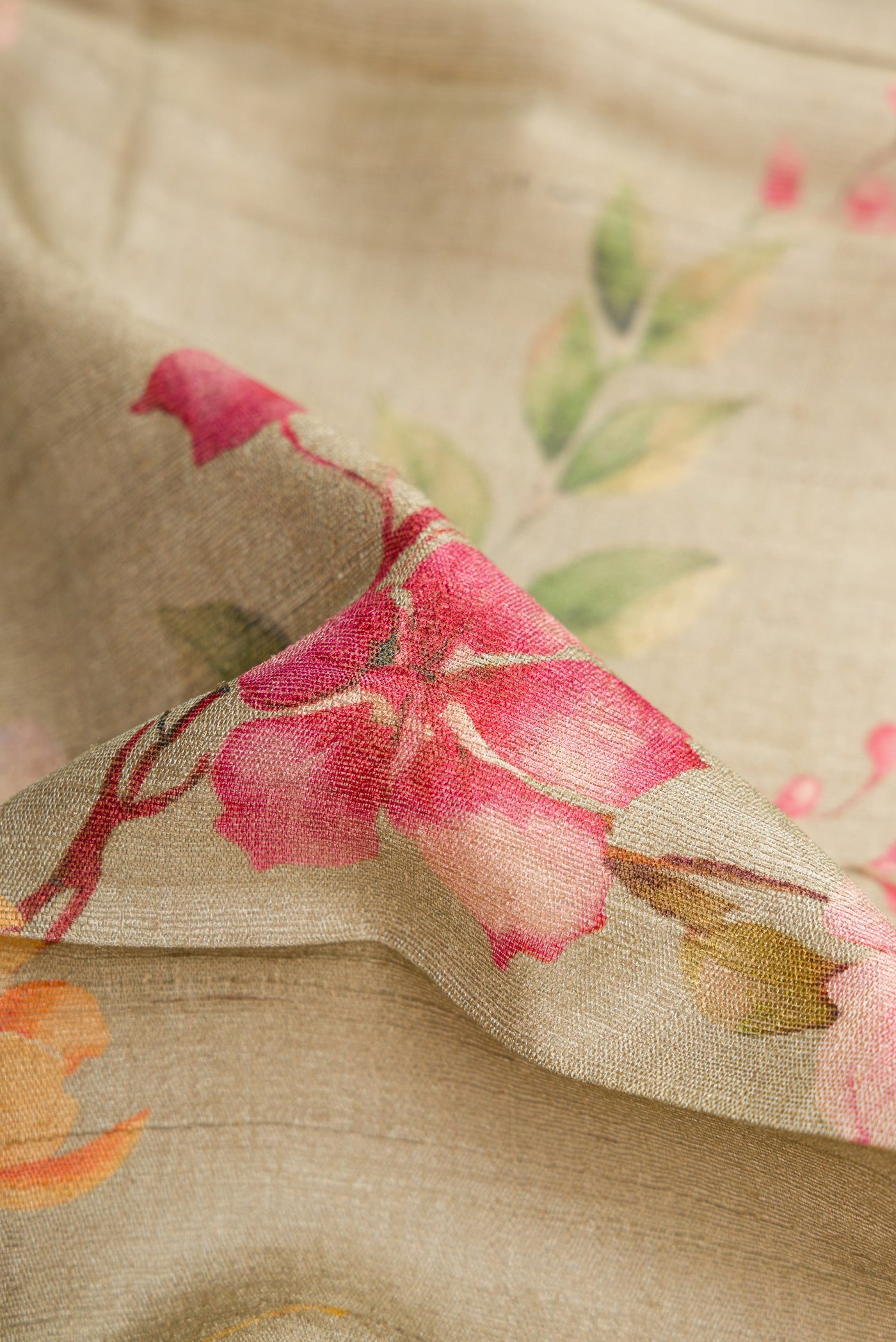 Close up of Pista Green Dual Tone Tussar Silk Saree with Printed design on the body and Zari Border.  displaying folds