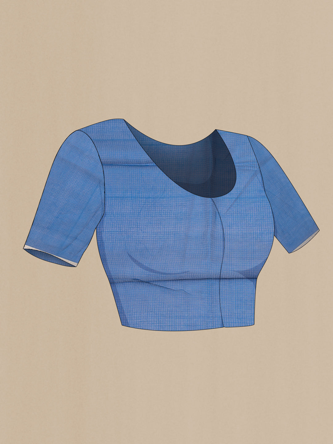 Close up image of the blouse of Sky Blue Kota Silk Saree with Printed design on the body and Fancy Border. 
