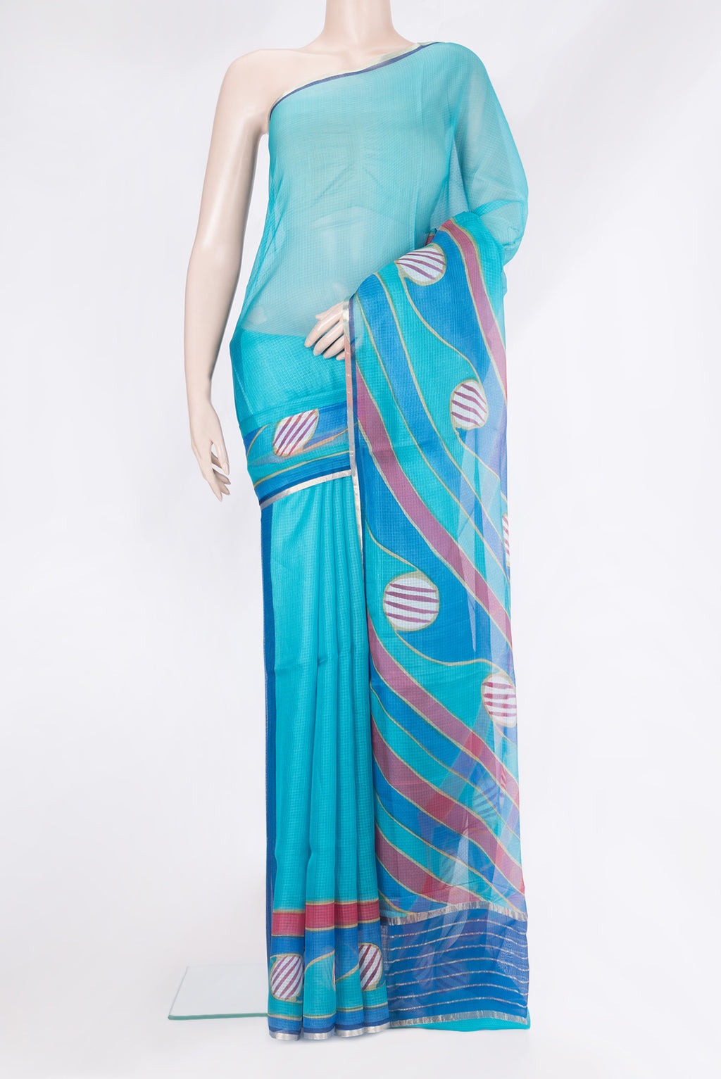 Sky Blue Kota Silk Saree with Printed design on the body and Fancy Border.  displayed on a mannequin