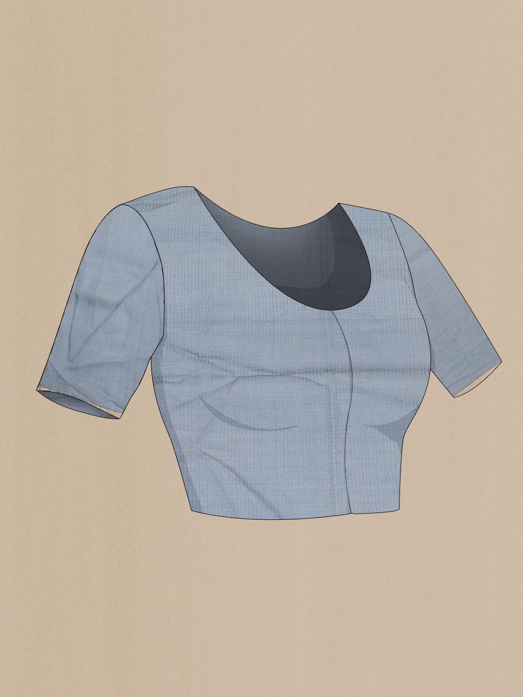 Close up image of the blouse of Grey Kota Silk Saree with Checked design on the body and Thin Zari Line. 