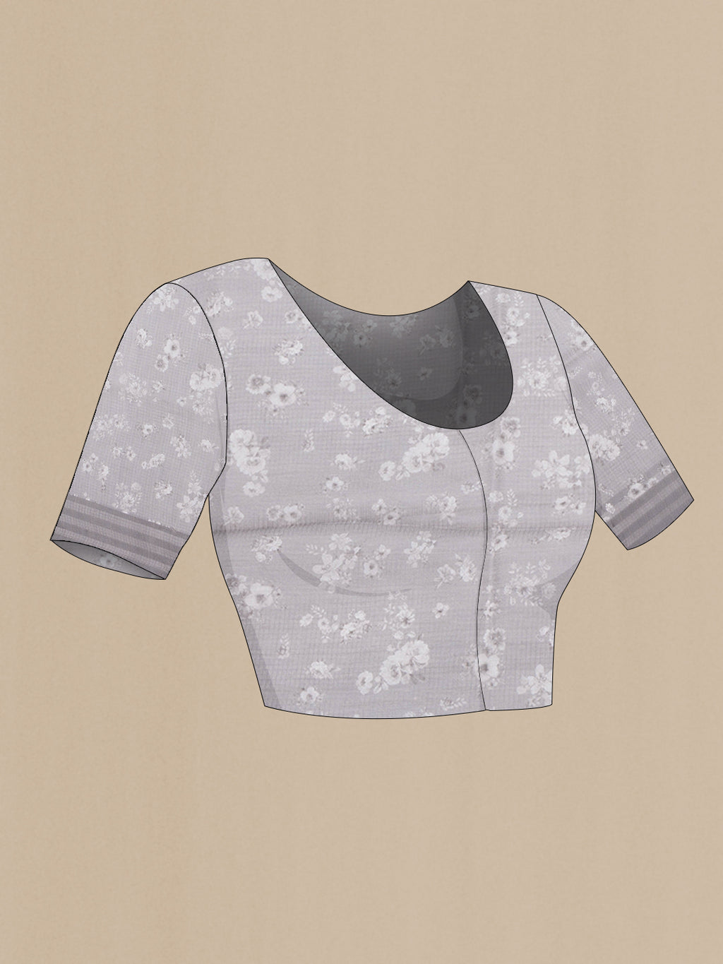 Close up image of the blouse of Grey Kota Silk Saree with Floral Print on the body and Plain Border. 