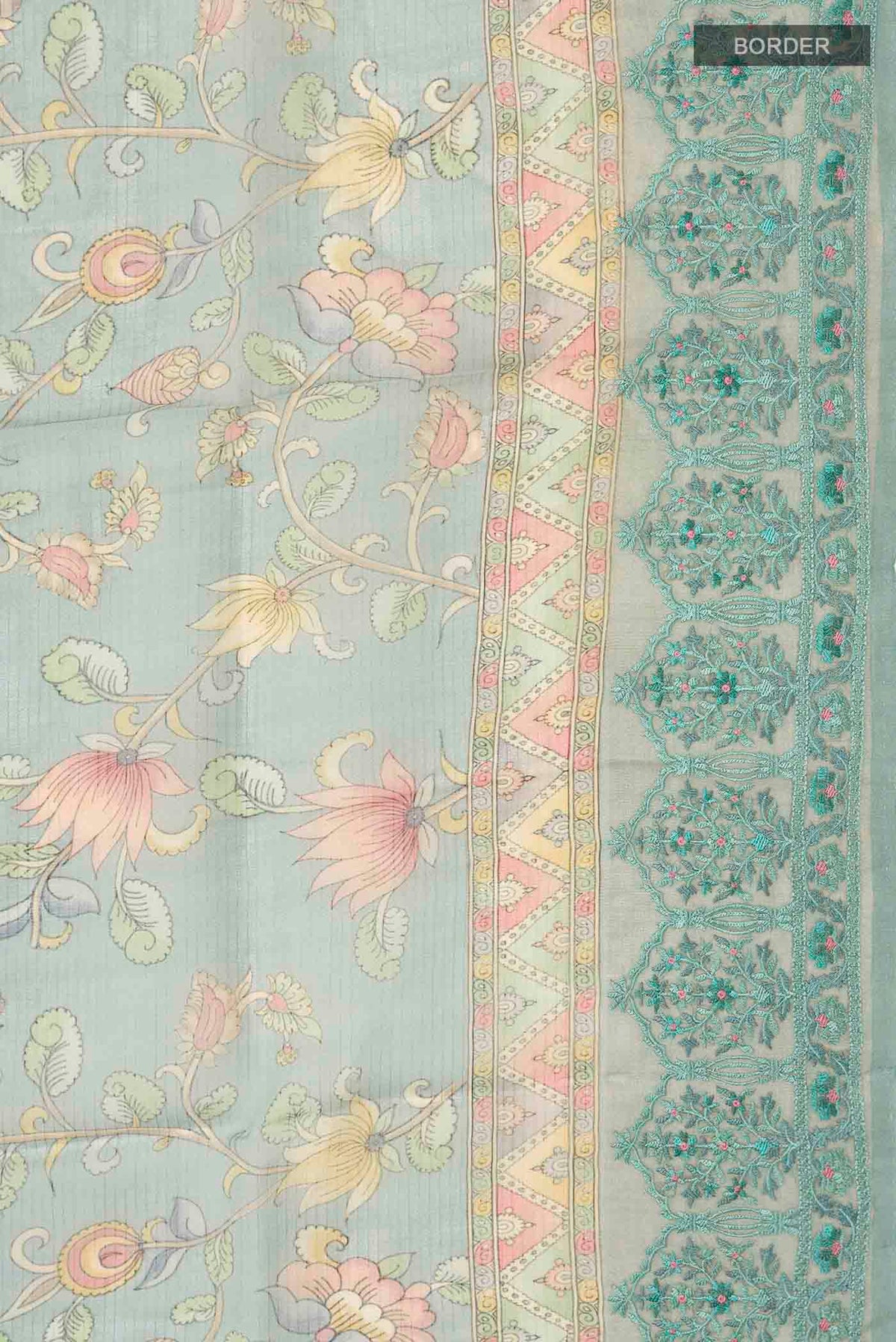 Border image of Green Organza Silk Saree Printed design on the body and Embroidery Border