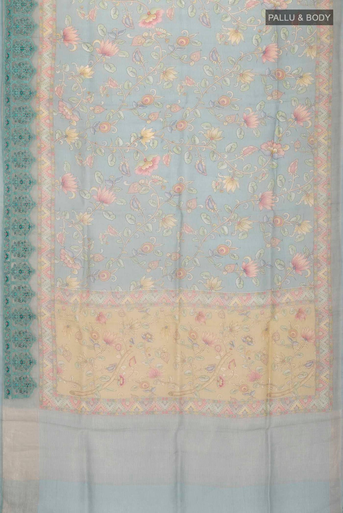 Flat view of Green Organza Silk Saree Printed design on the body and Embroidery Border