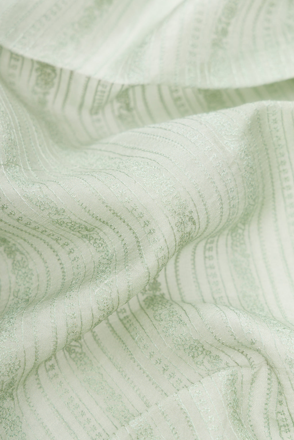 Close up of Pista Green Dual Tone Organza Silk Saree with Embroidery on the body and Embroidery Border.  displaying folds