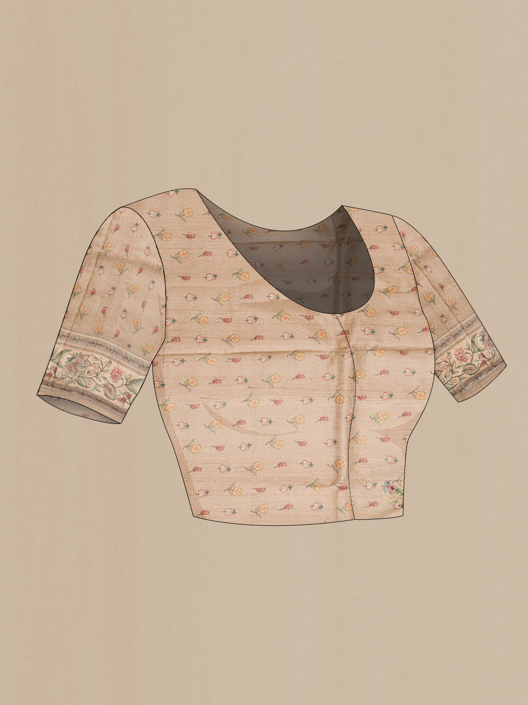 Close up image of the blouse of Dark Beige Dual Tone Tussar Silk Saree with Printed design on the body and Printed Border