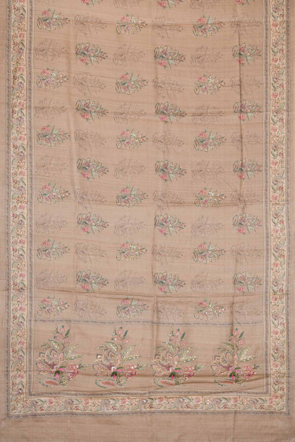 Flat view of Dark Beige Dual Tone Tussar Silk Saree with Printed design on the body and Printed Border