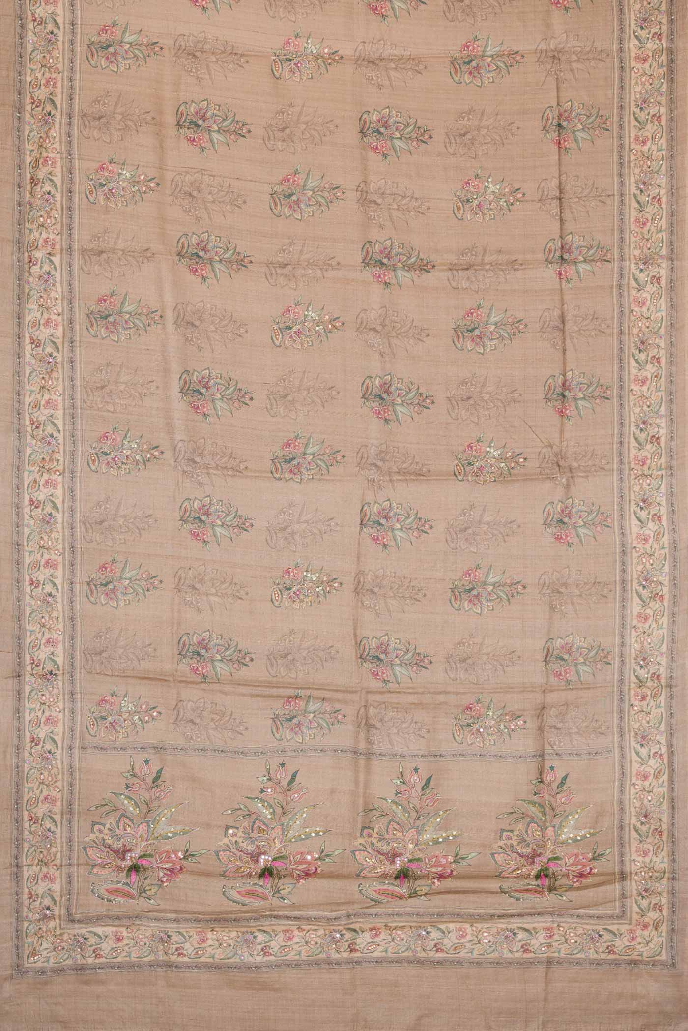 Flat view of Dark Beige Dual Tone Tussar Silk Saree with Printed design on the body and Printed Border