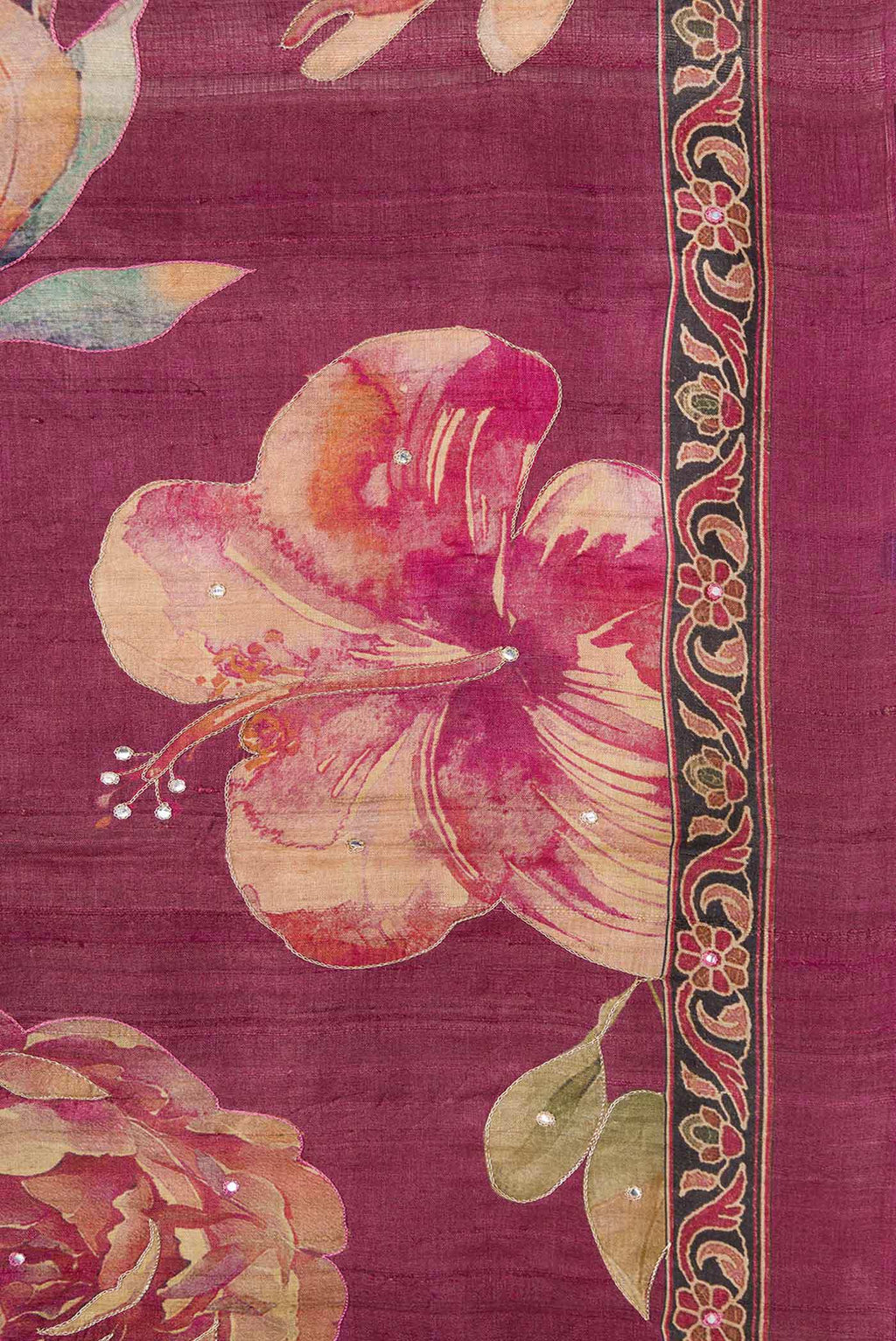 Border image of Magenta Dual Tone Tussar Silk Saree with Embroidery on the body and Embroidery Border