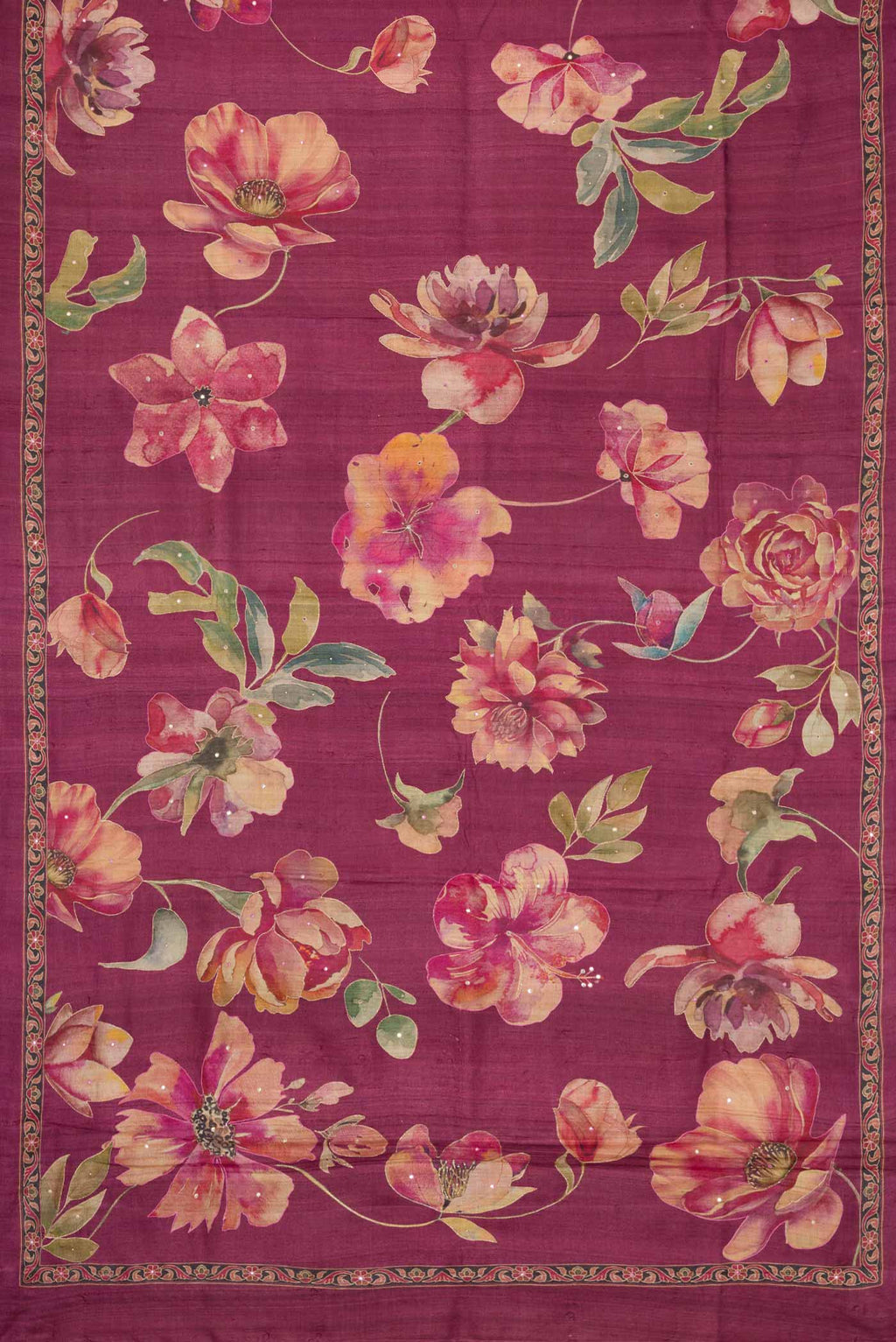 Flat view of Magenta Dual Tone Tussar Silk Saree with Embroidery on the body and Embroidery Border