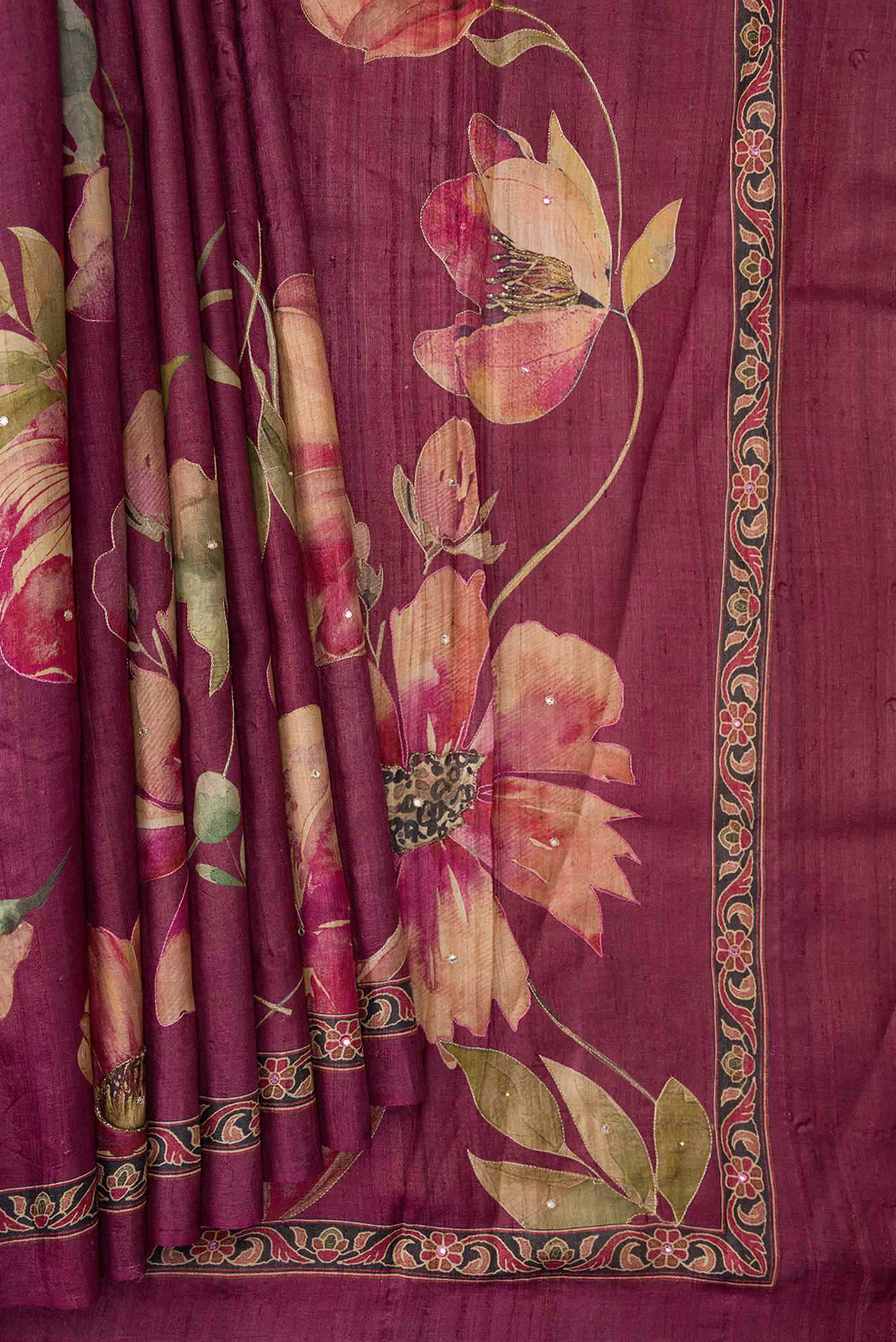 Pleats and pallu of Magenta Dual Tone Tussar Silk Saree with Embroidery on the body and Embroidery Border