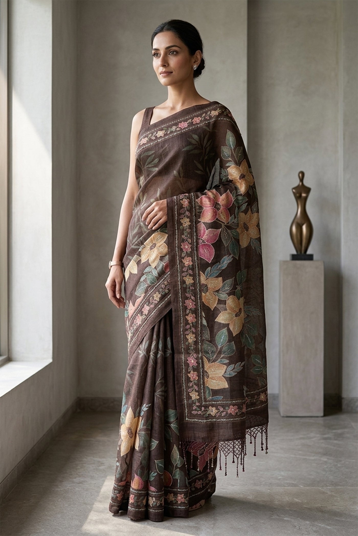 Model wearing a Coffee Brown Tussar Silk SareePrinted design on the body and Printed Border.