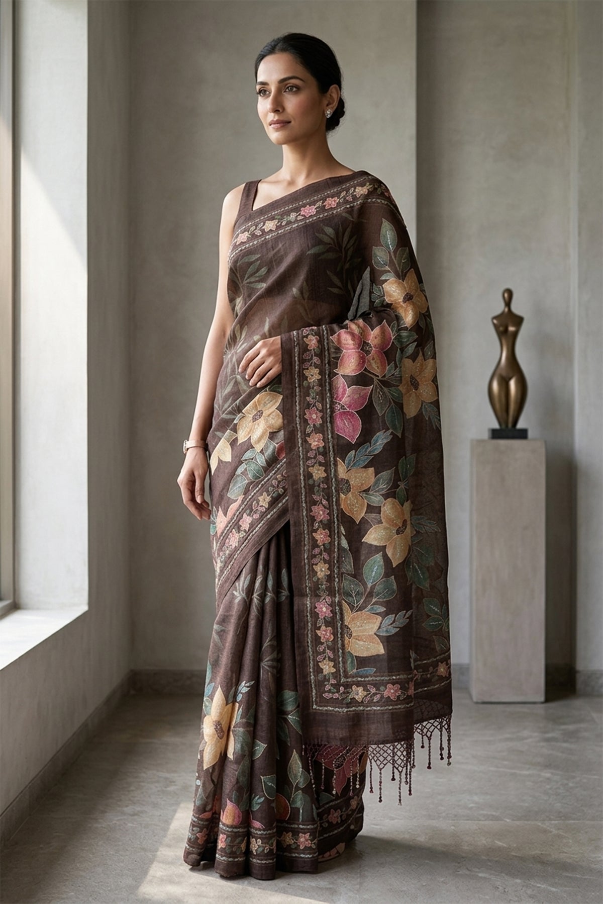 Model wearing a Coffee Brown Tussar Silk SareePrinted design on the body and Printed Border.
