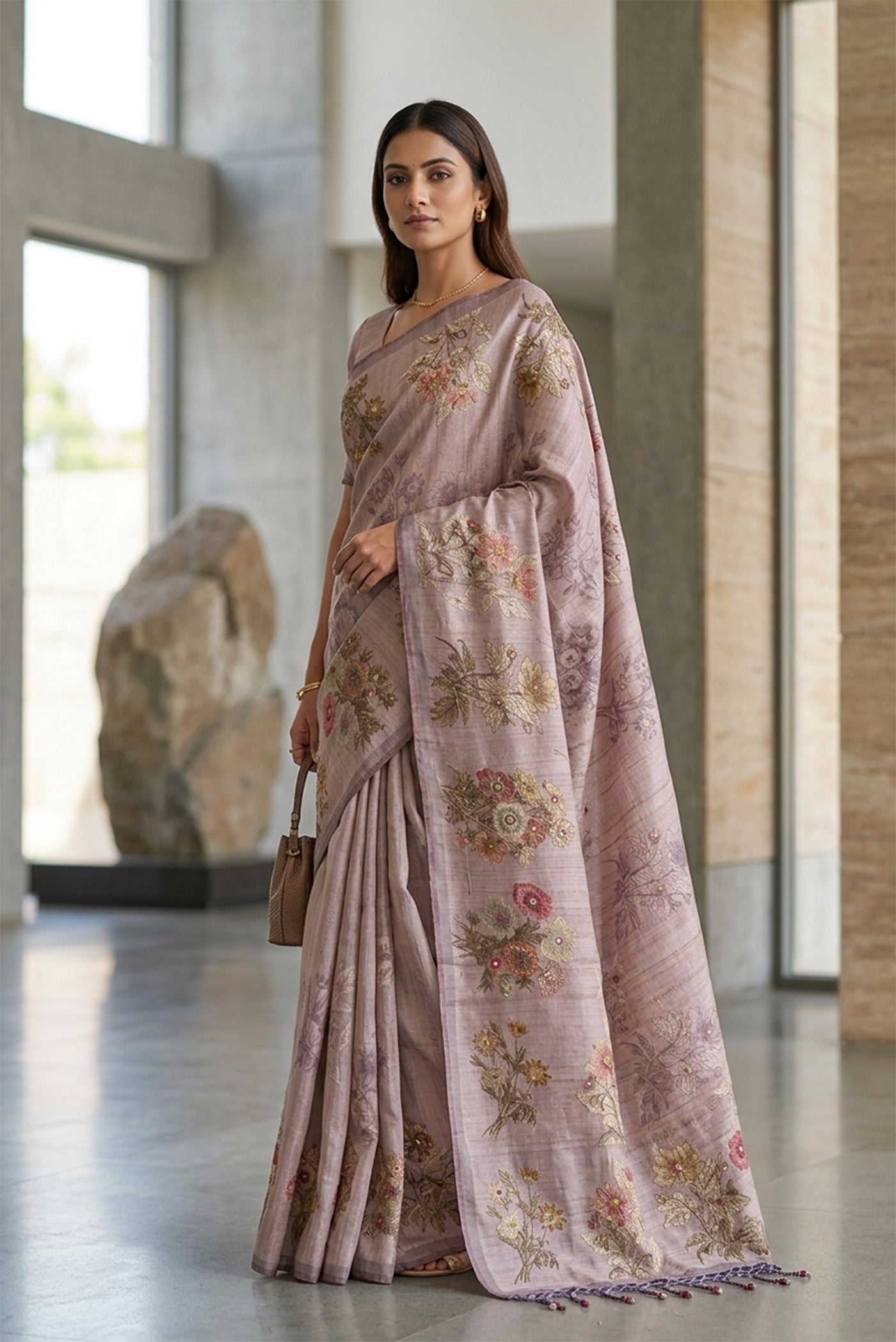Model wearing a Lavender Tussar Silk SareePrinted design on the body and Fancy Border.