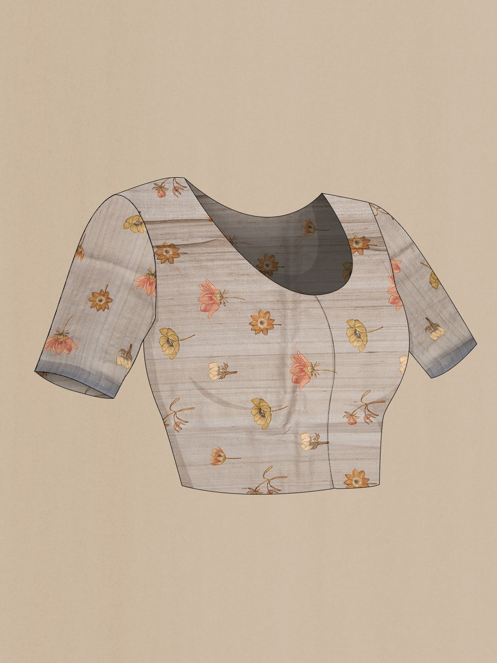 Close up image of the blouse of Grey Dual Tone Tussar Silk Saree with Embroidery on the body and Plain Border