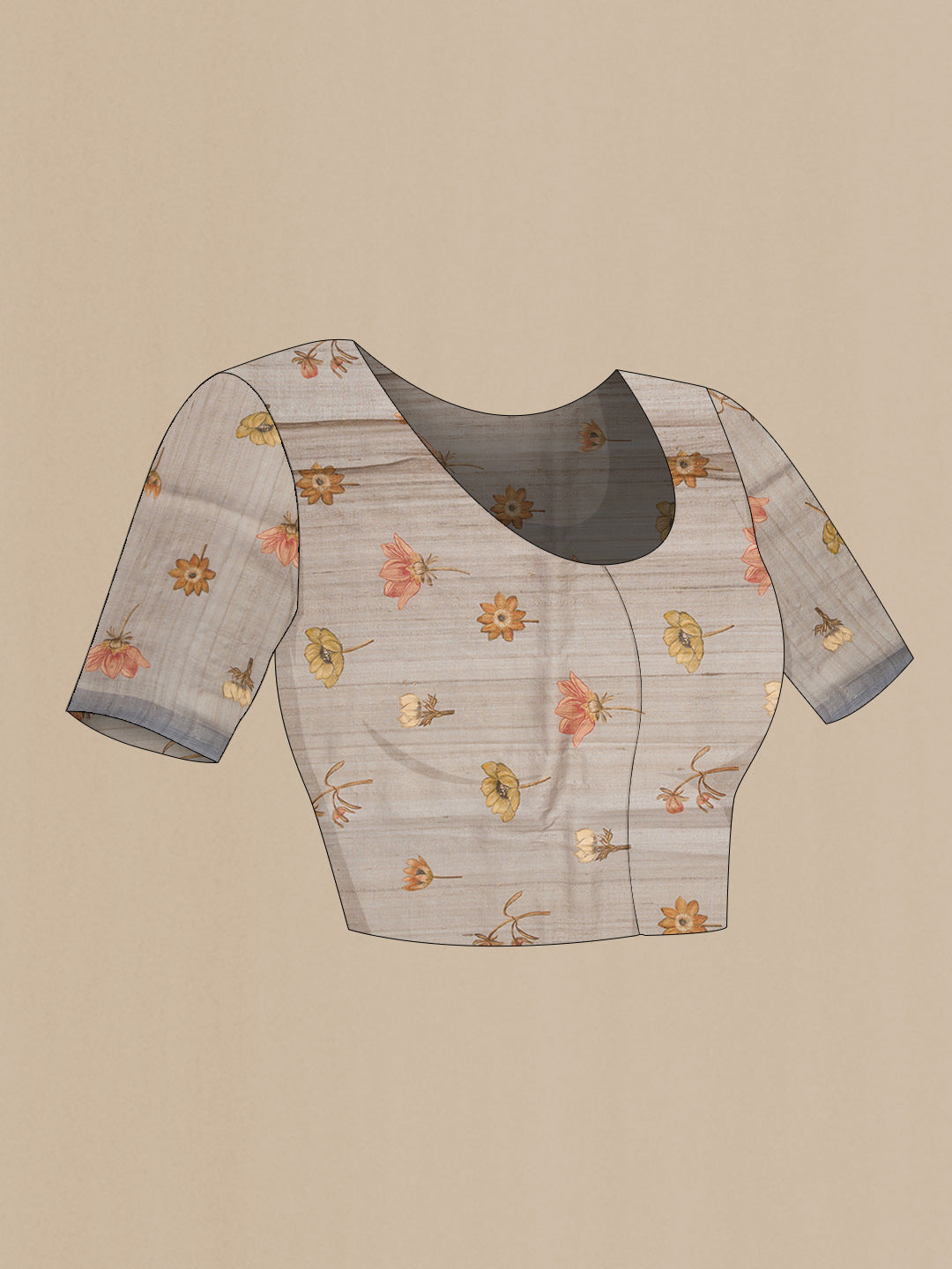 Close up image of the blouse of Grey Dual Tone Tussar Silk Saree with Embroidery on the body and Plain Border