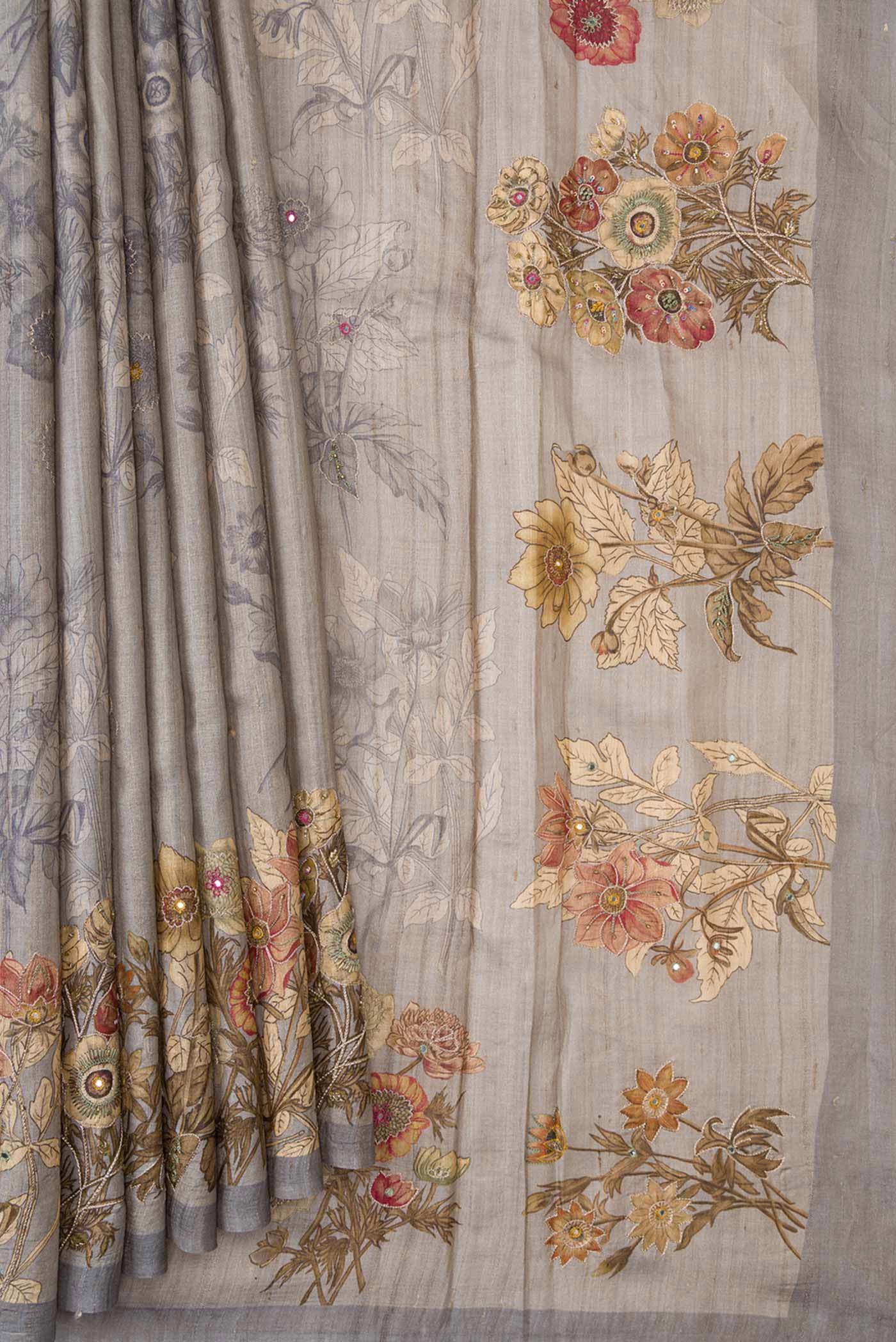 Pleats and pallu of Grey Dual Tone Tussar Silk Saree with Embroidery on the body and Plain Border