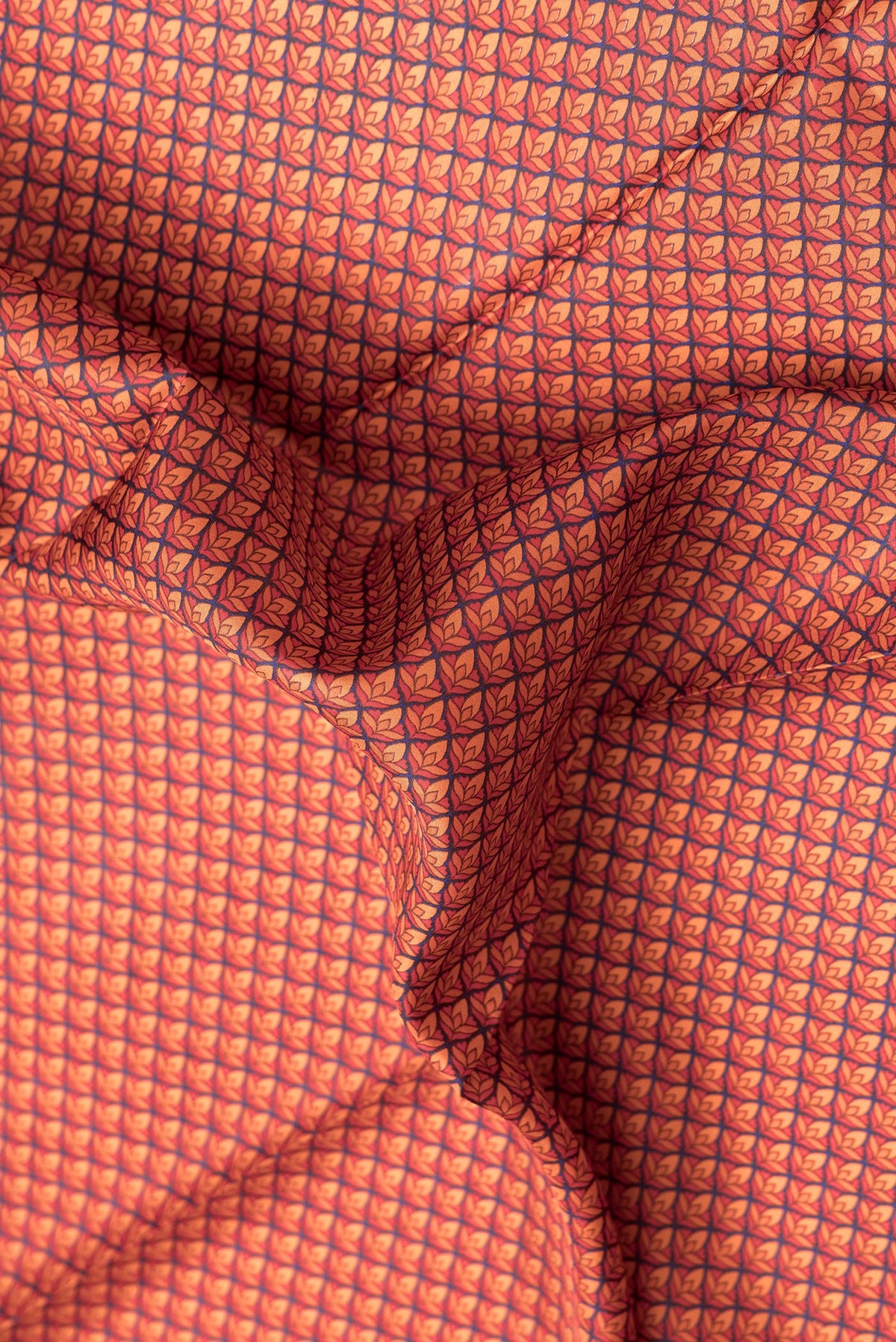 Close up of Orange Dual Tone Printed Silk Saree with Printed design on the body and Printed Border.  displaying folds