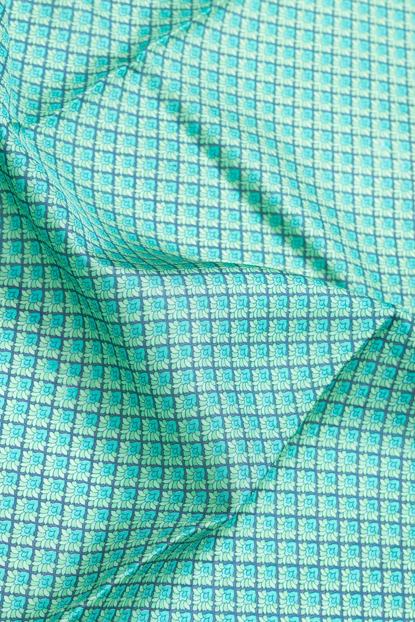 Close up of Sea Green Dual Tone Printed Silk Saree with Printed design on the body and Printed Border.  displaying folds