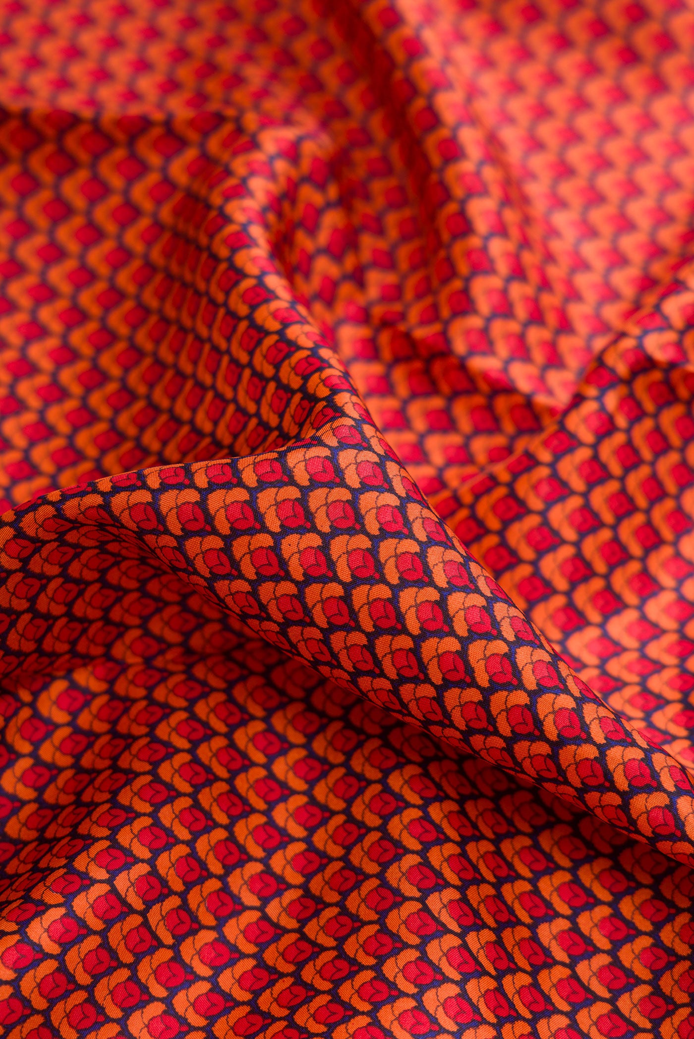 Close up of Red Dual Tone Printed Silk Saree with Printed design on the body and Printed Border.  displaying folds