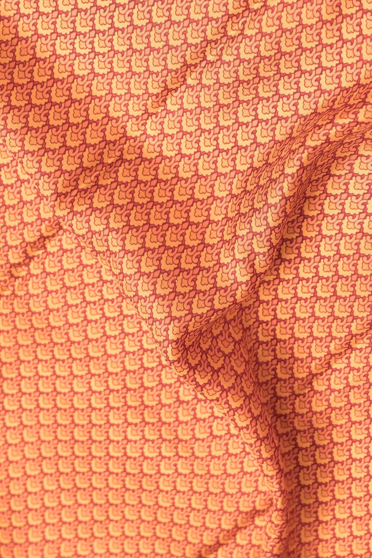 Close up of Orange Dual Tone Printed Silk Saree with Printed design on the body and Printed Border.  displaying folds