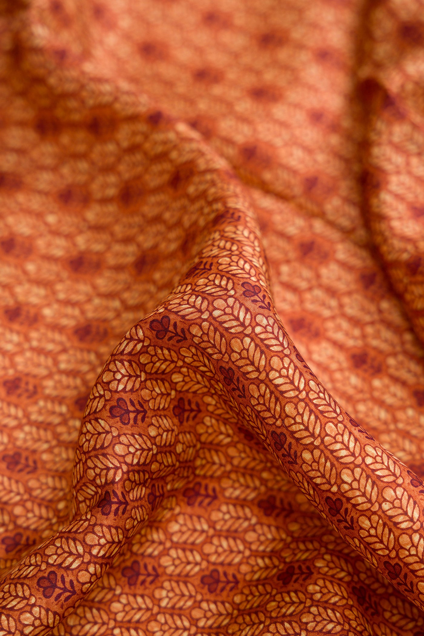Close up of Rust Dual Tone Printed Silk Saree with Printed design on the body and Printed Border.  displaying folds