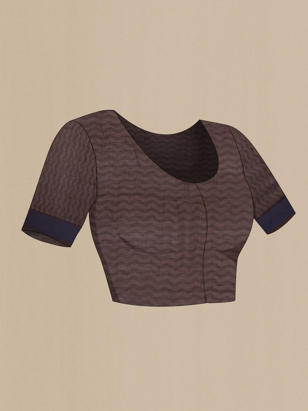 Close up image of the blouse of Brown Chanderi Cotton Saree with Printed design on the body and Thread Border. 