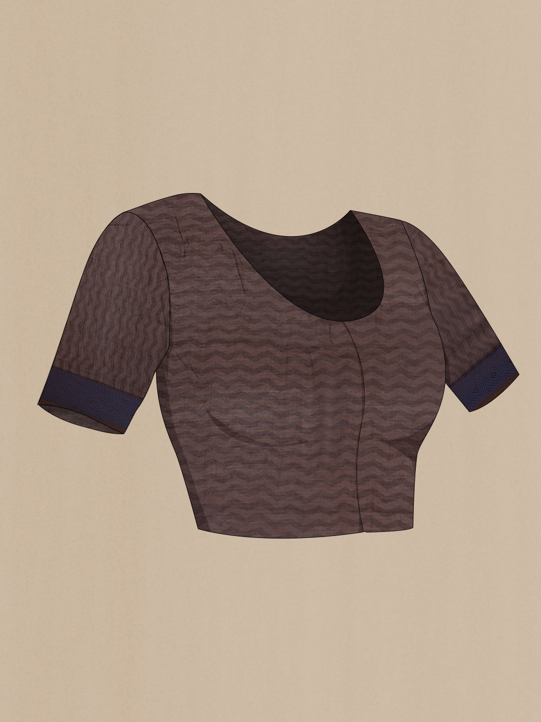 Close up image of the blouse of Brown Chanderi Cotton Saree with Printed design on the body and Thread Border. 