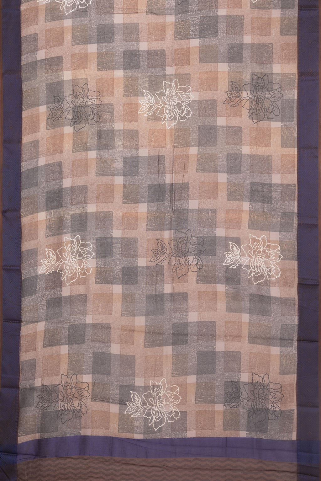 Flat view of Brown Chanderi Cotton Saree with Printed design on the body and Thread Border. 