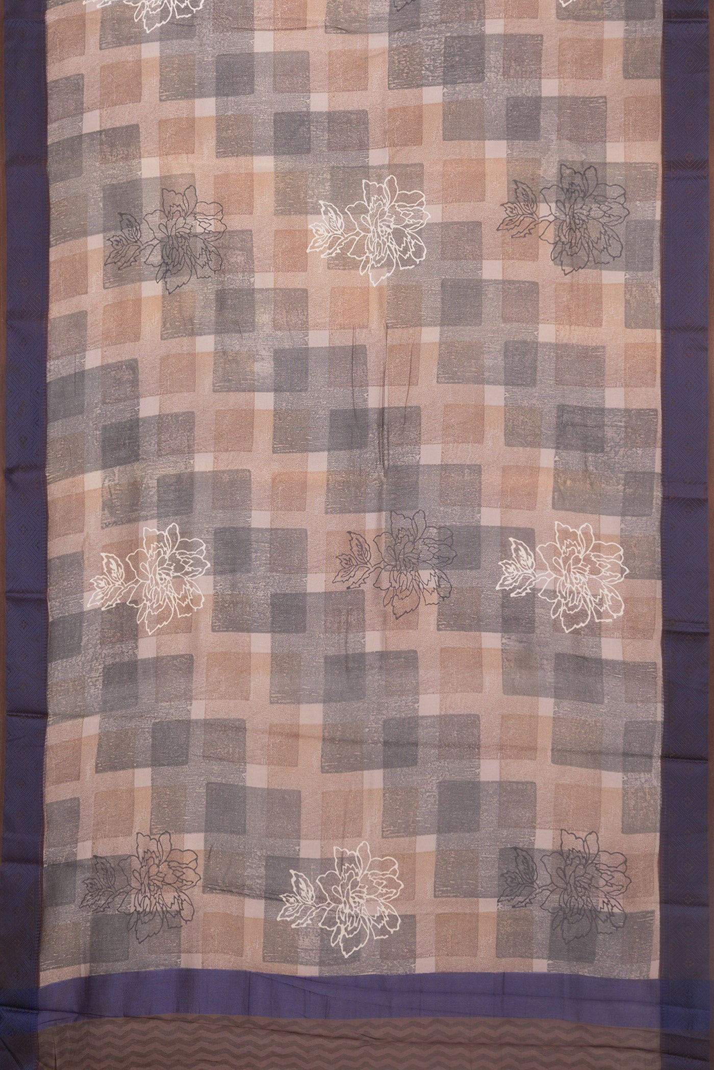 Flat view of Brown Chanderi Cotton Saree with Printed design on the body and Thread Border. 