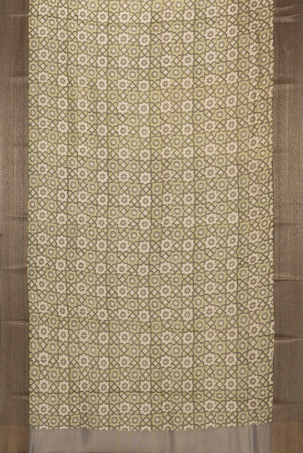 Flat view of Green Chanderi Silk Saree with Printed design on the body and Fancy Border. 