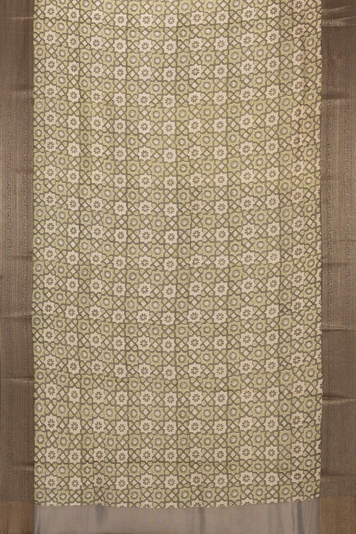 Flat view of Green Chanderi Silk Saree with Printed design on the body and Fancy Border. 