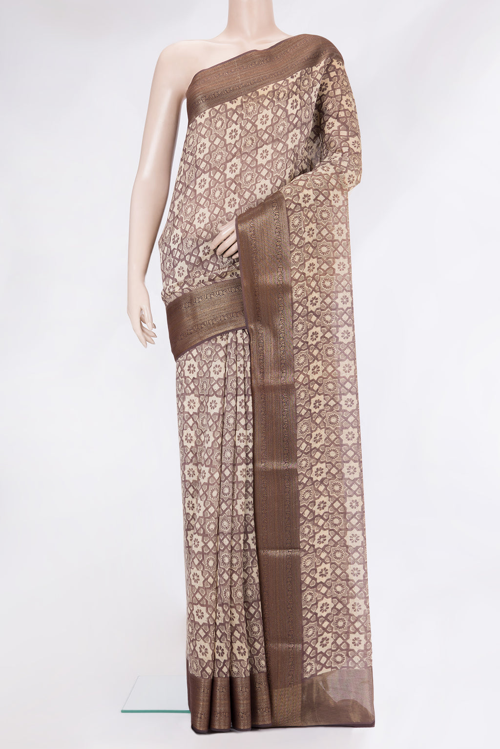 Brown Dual Tone Chanderi Silk Saree with Printed design on the body and Zari Border.  displayed on a mannequin