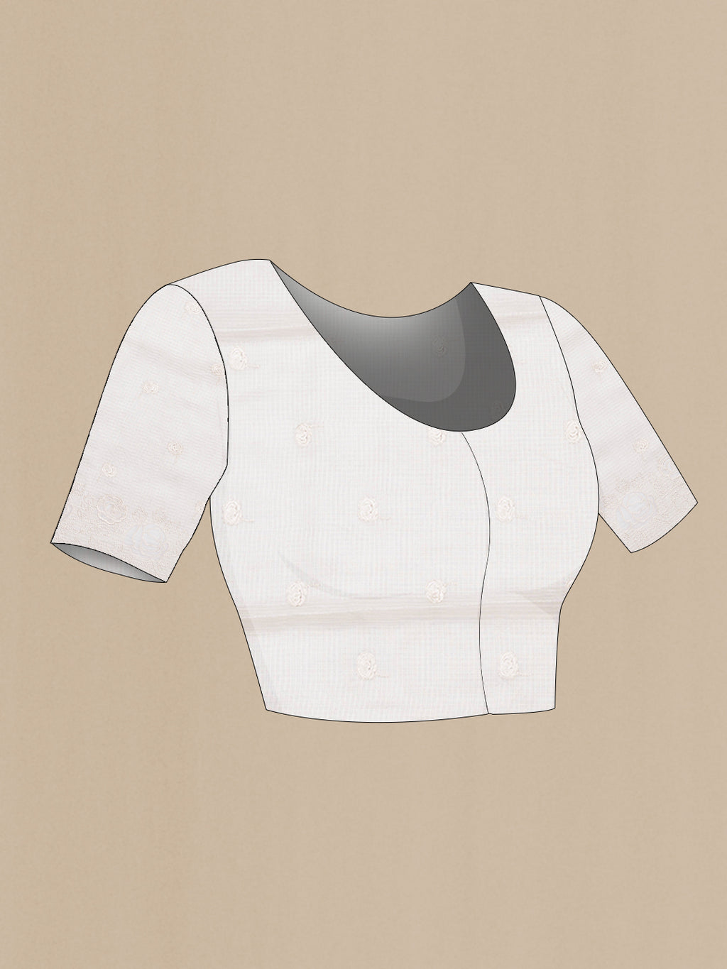 Close up image of the blouse of Beige Kota Silk Saree with Embroidery on the body and Embroidery Border. 