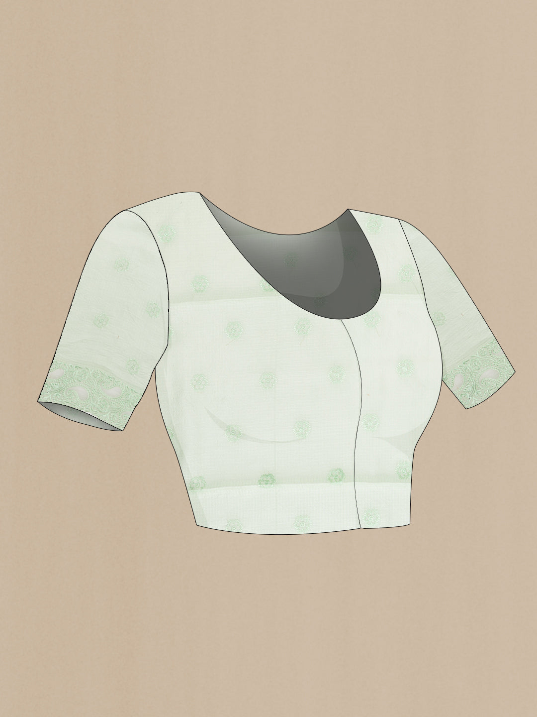 Close up image of the blouse of Pista Green Dual Tone Kota Silk Saree with Embroidery on the body and Embroidery Border. 