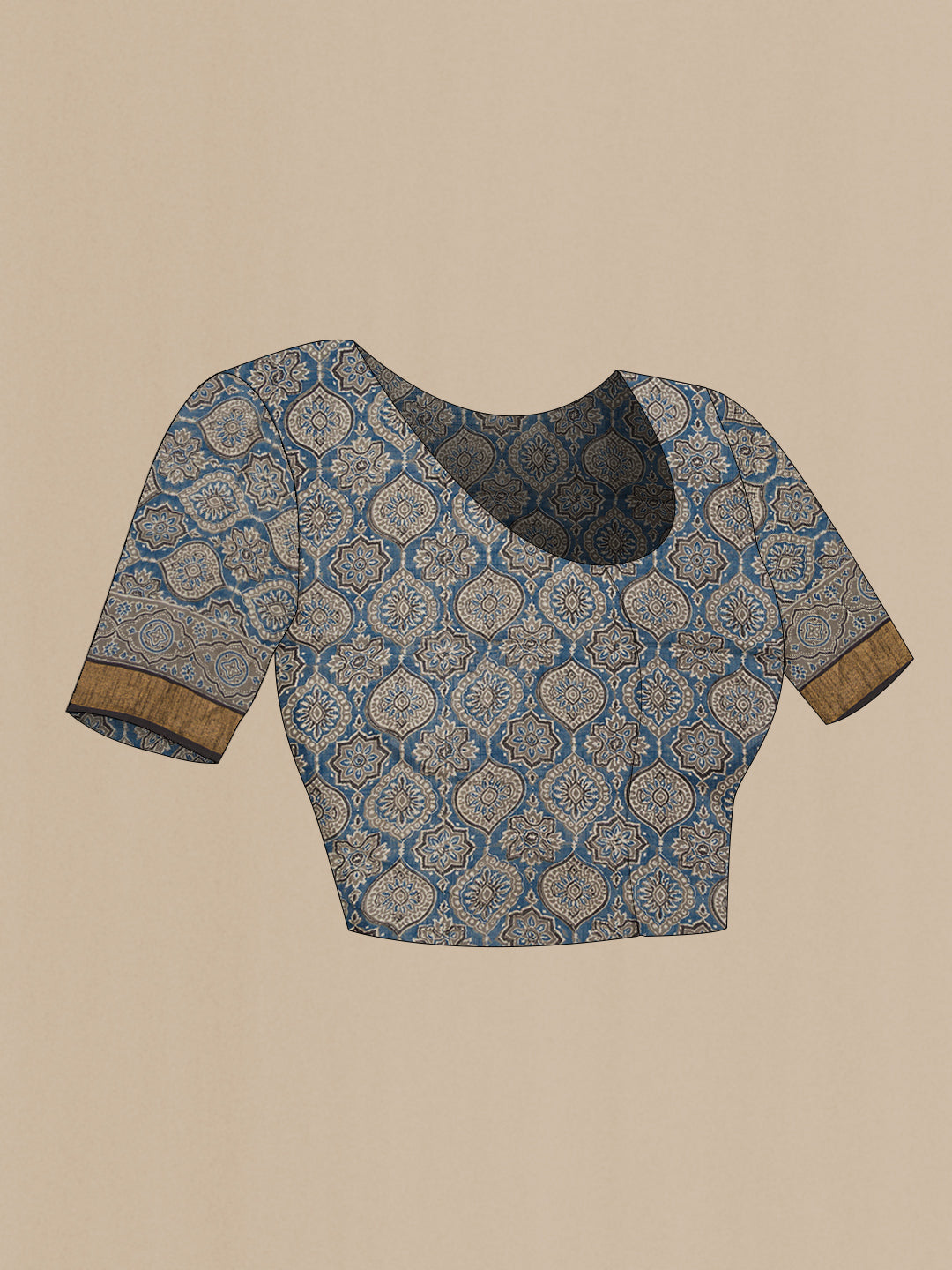 Close up image of the blouse of Grey Dual Tone Cotton Saree with Ajrakh Print on the body and Zari Border. 